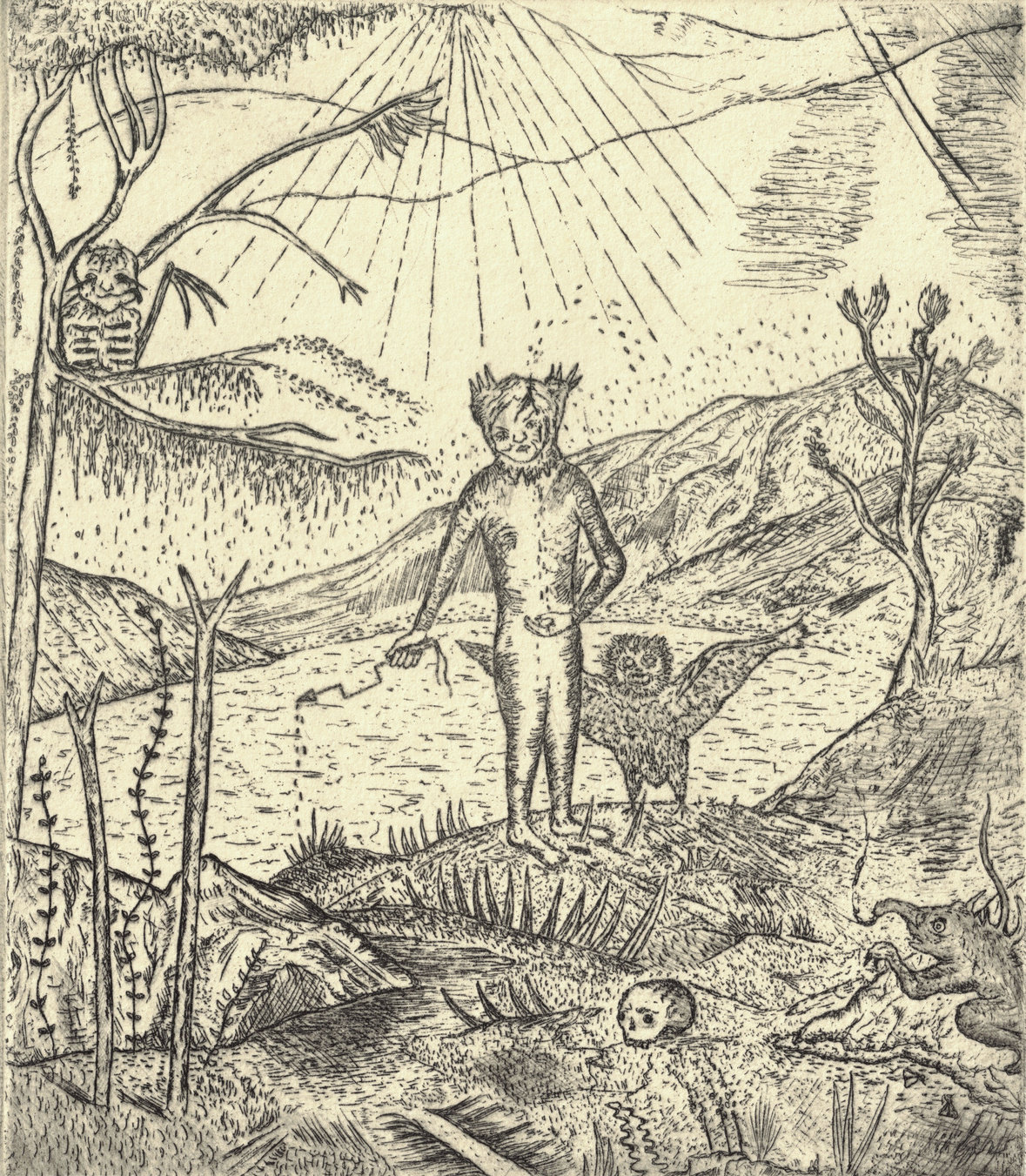 Oliver McConnie, Invocation, etching, 17 x 14cm, 2010. Plate mark crop.