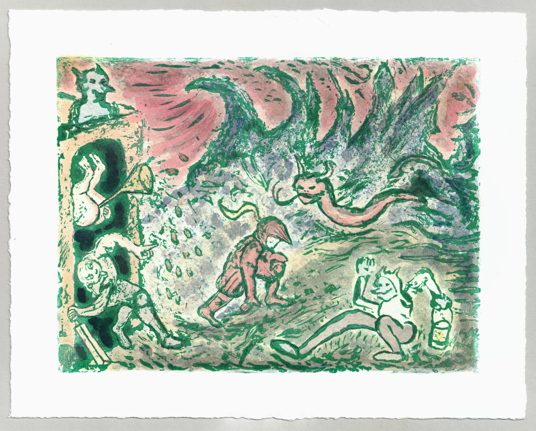Oliver McConnie, On the Edge of Defeat, relief etching, 18 x 24cm, 2019. Full sheet.