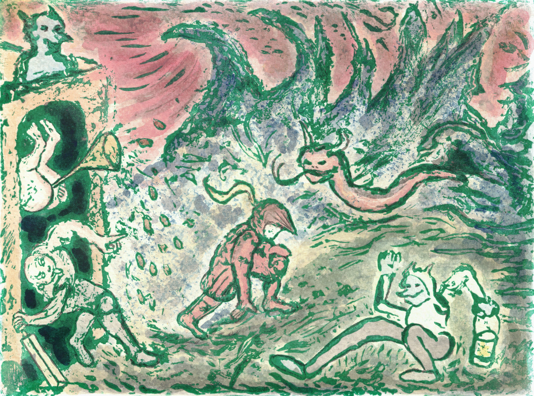 Oliver McConnie, On the Edge of Defeat, relief etching, 18 x 24cm, 2019. Plate mark crop.
