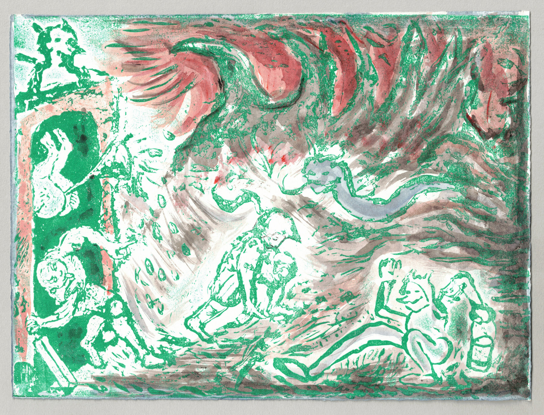 Oliver McConnie, On the Edge of Defeat, relief etching, 18 x 24cm, 2019. Full sheet.