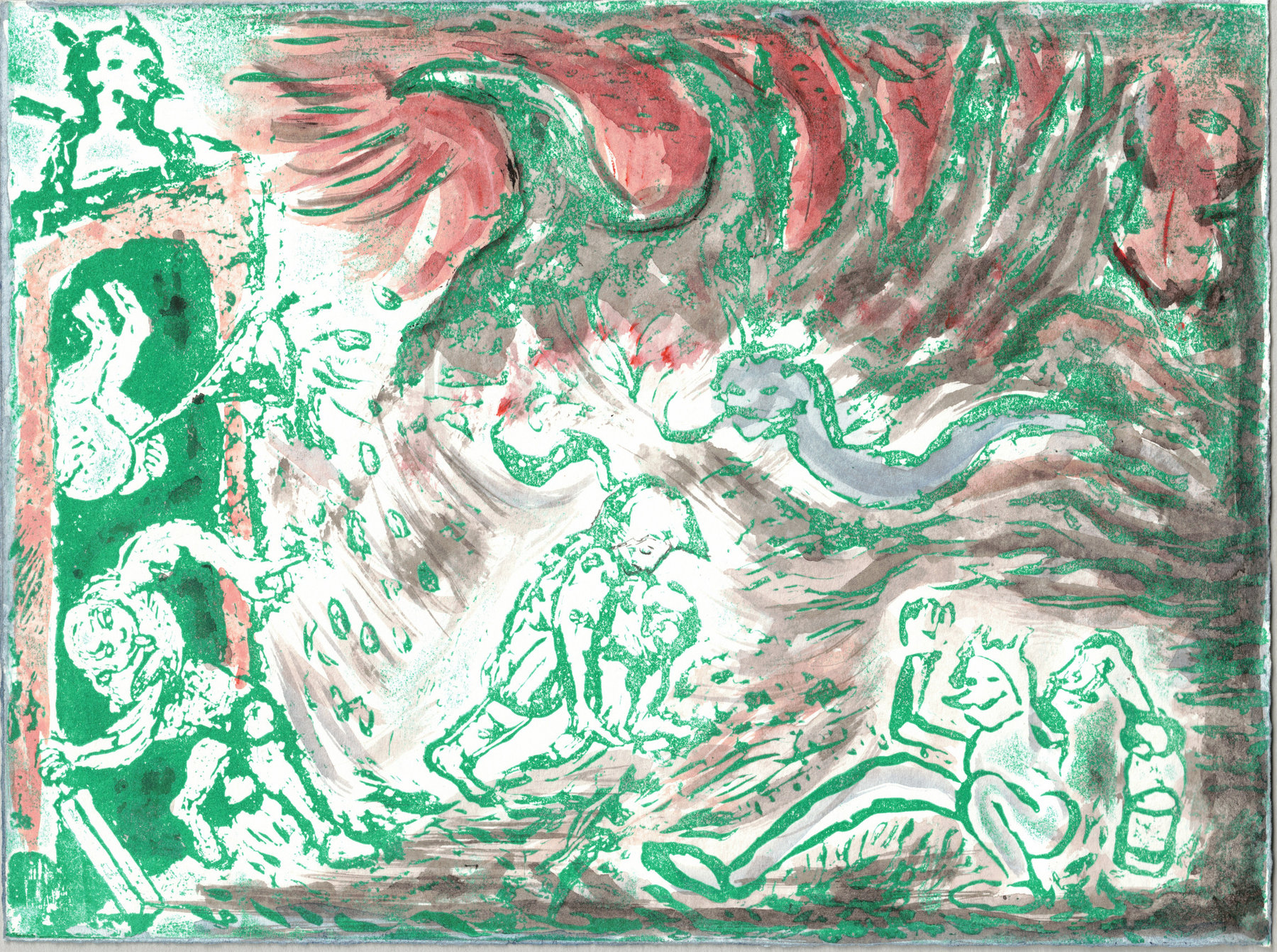 Oliver McConnie, On the Edge of Defeat, relief etching, 18 x 24cm, 2019. Plate mark crop.