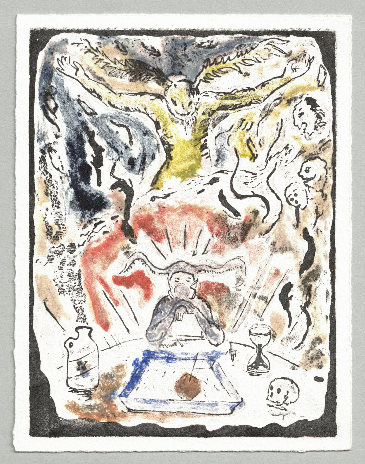 Oliver McConnie, Out Comes the Demons, relief etching, 16 x 12cm, 2013. Colour proof 2018. Full sheet.