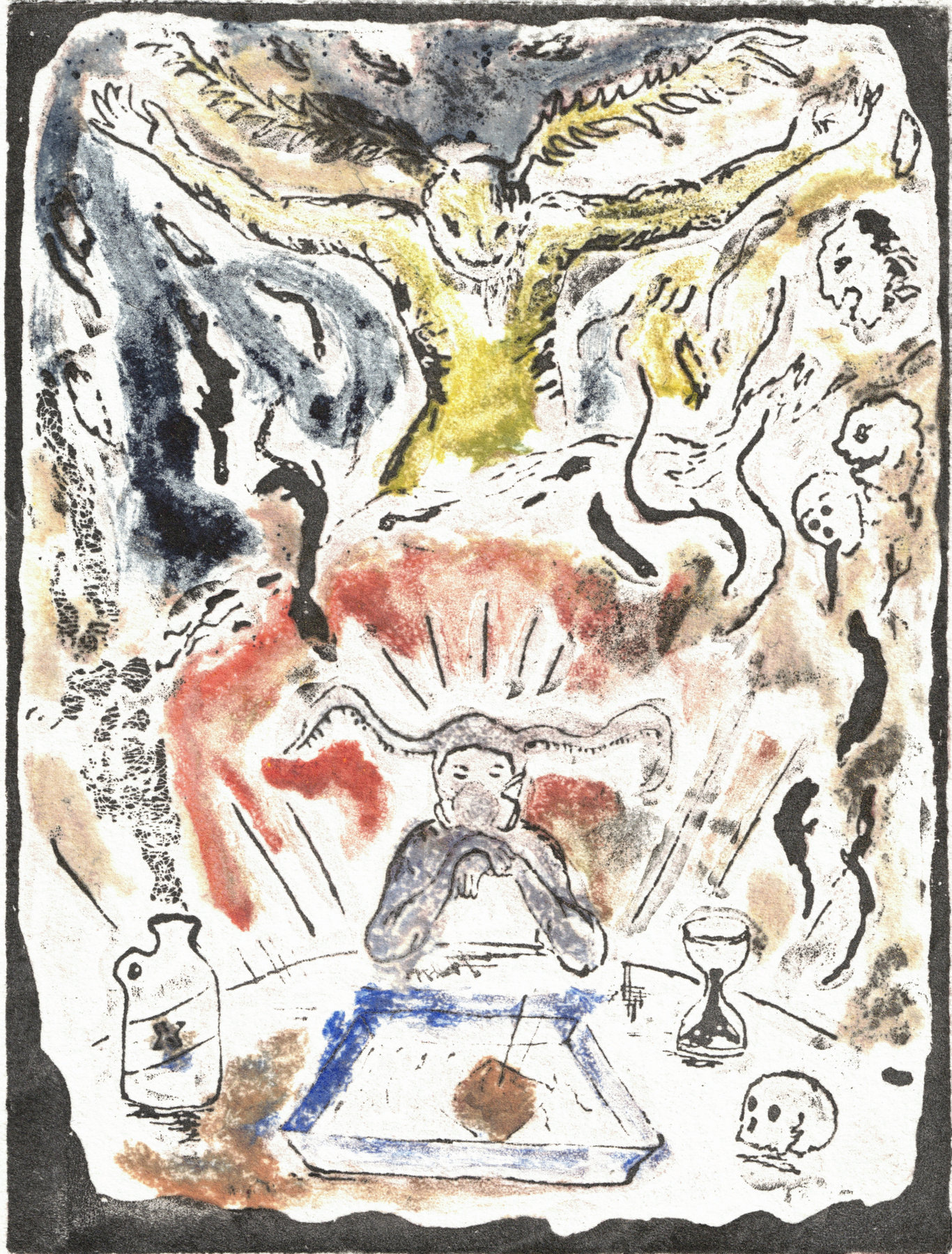 Oliver McConnie, Out Comes the Demons, relief etching, 16 x 12cm, 2013. Colour proof 2018. Plate mark crop.