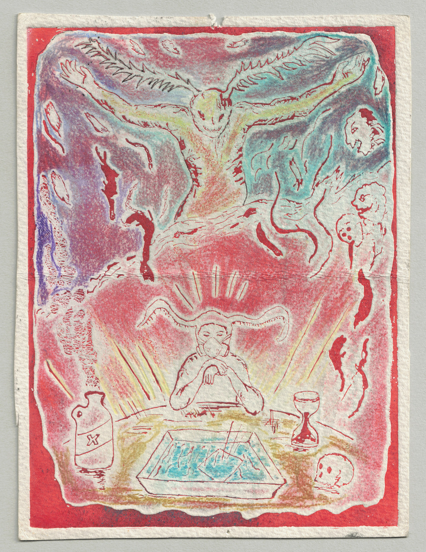 Oliver McConnie, Out Comes the Demons, relief etching, 16 x 12cm, 2013. Hand-coloured impression. Full sheet.