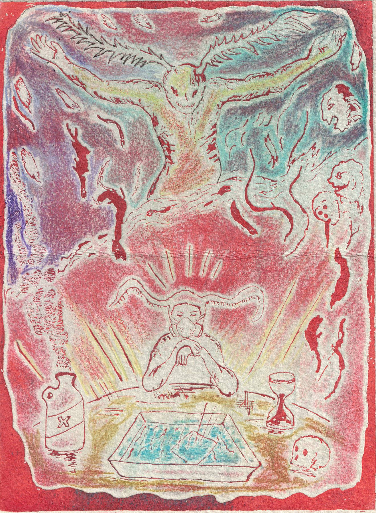 Oliver McConnie, Out Comes the Demons, relief etching, 16 x 12cm, 2013. Hand-coloured impression. Plate mark crop.
