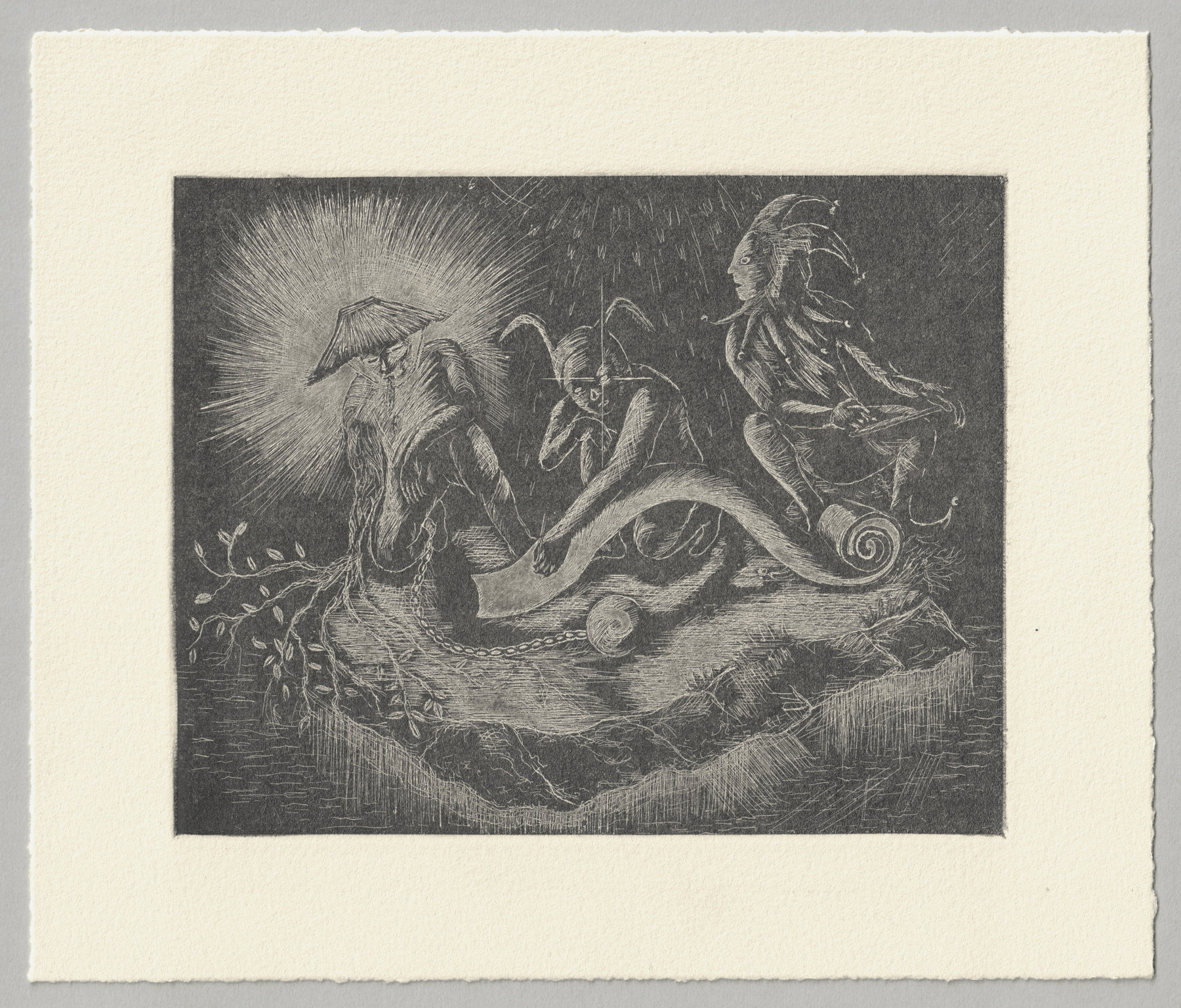 Oliver McConnie, Personae, white line etching, 12 x 15cm, 2013. Full sheet.