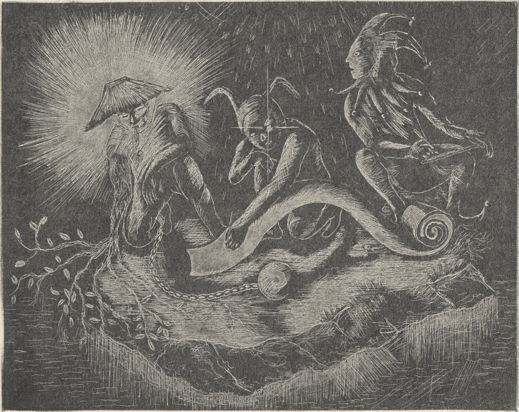 Oliver McConnie, Personae, white line etching, 12 x 15cm, 2013. Plate mark crop.