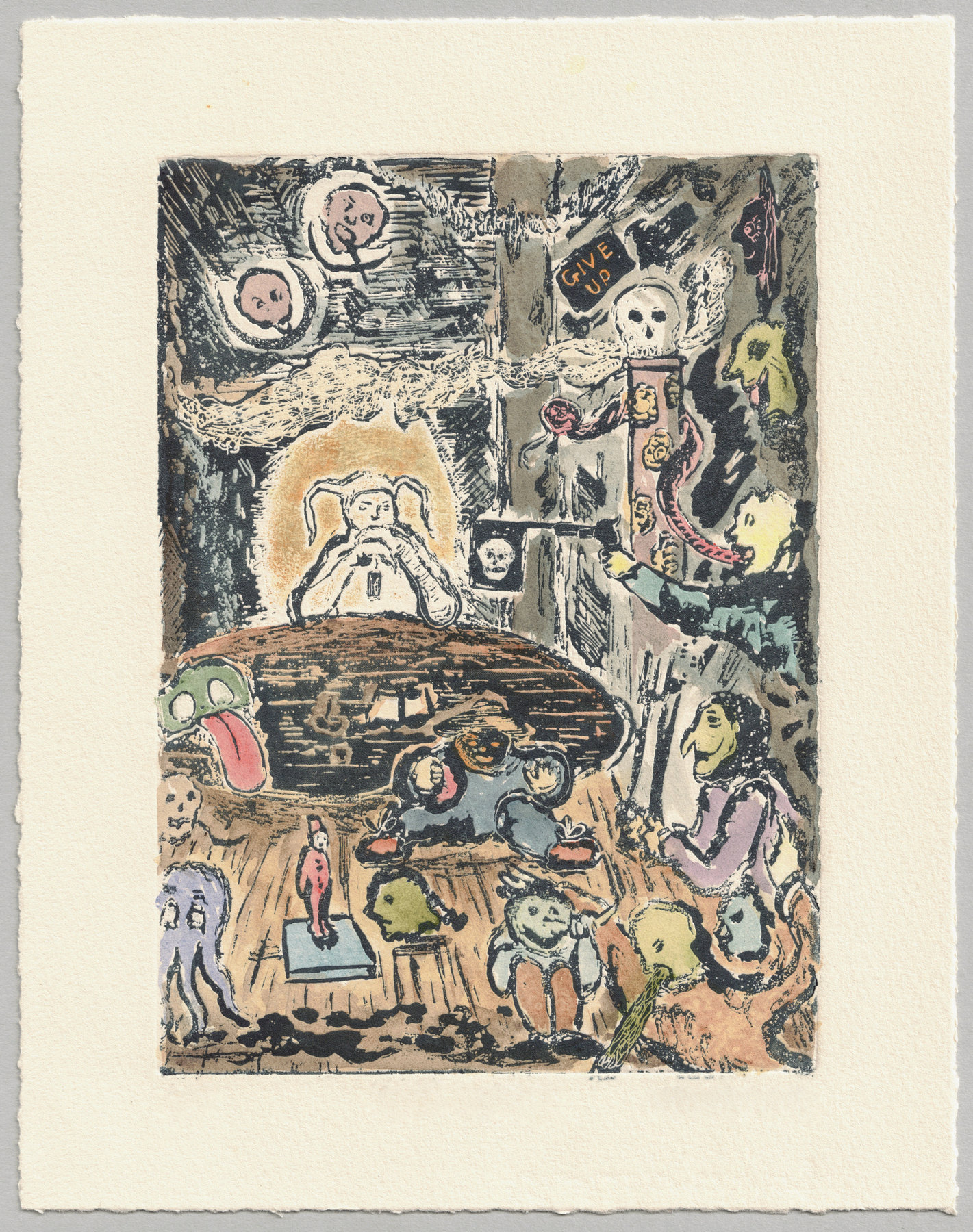 Oliver McConnie, Print Goblins, relief etching, 18 x 13cm, 2014. Hand-coloured impression. Full sheet.