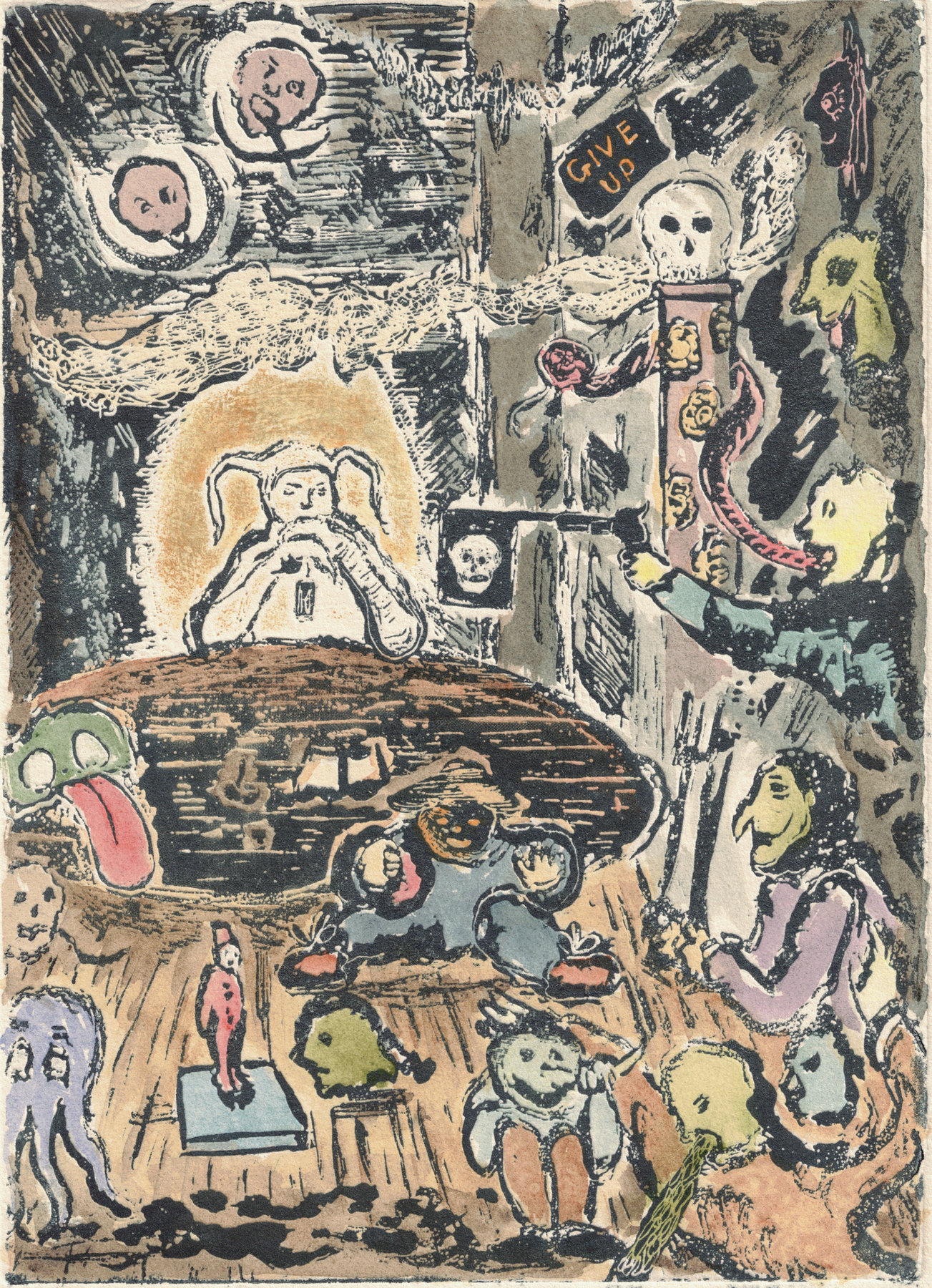 Oliver McConnie, Print Goblins, relief etching, 18 x 13cm, 2014. Hand-coloured impression. Plate mark crop.