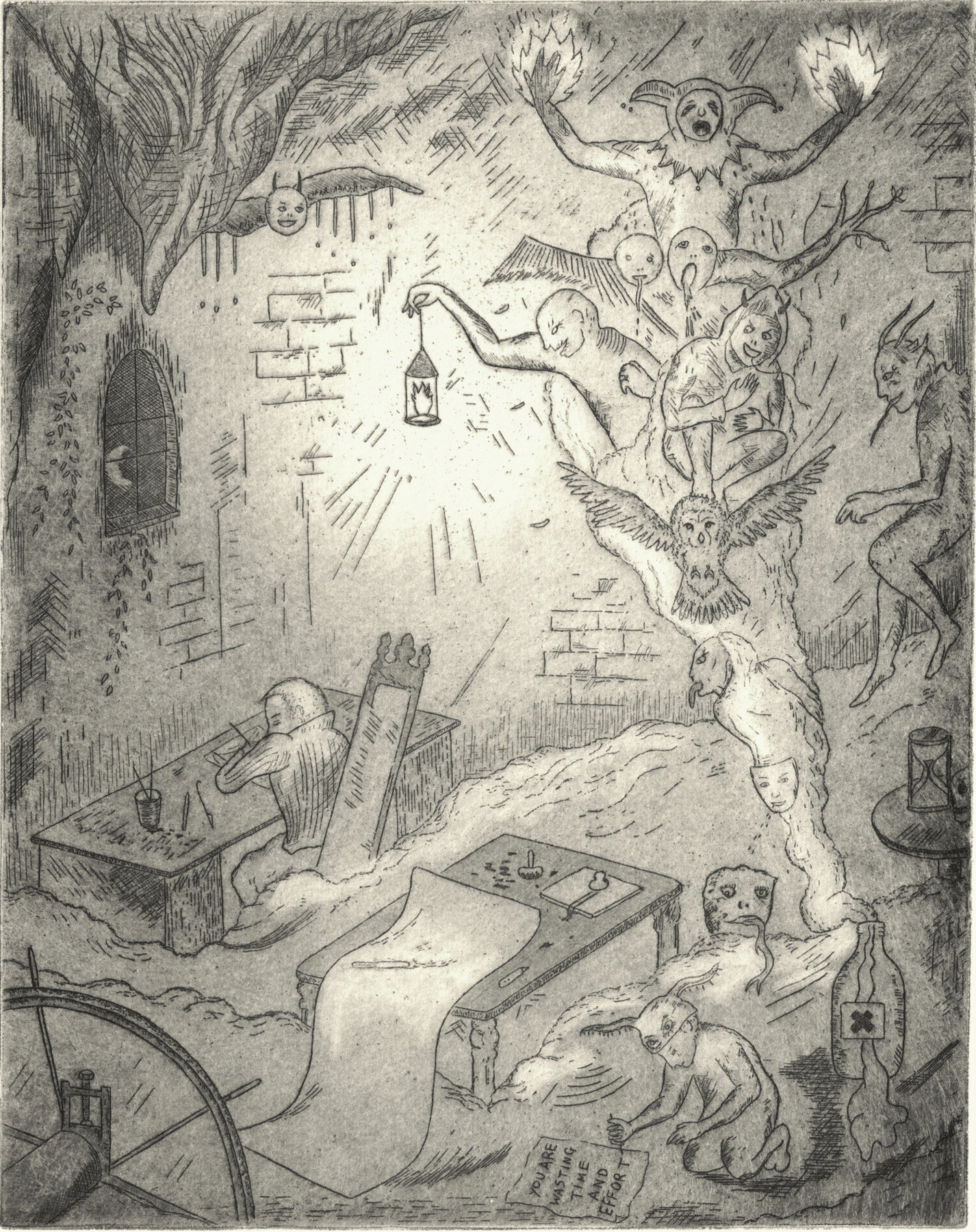 Oliver McConnie, Printhouse in Hell, etching, 20 x 16cm, 2013. Plate mark crop.