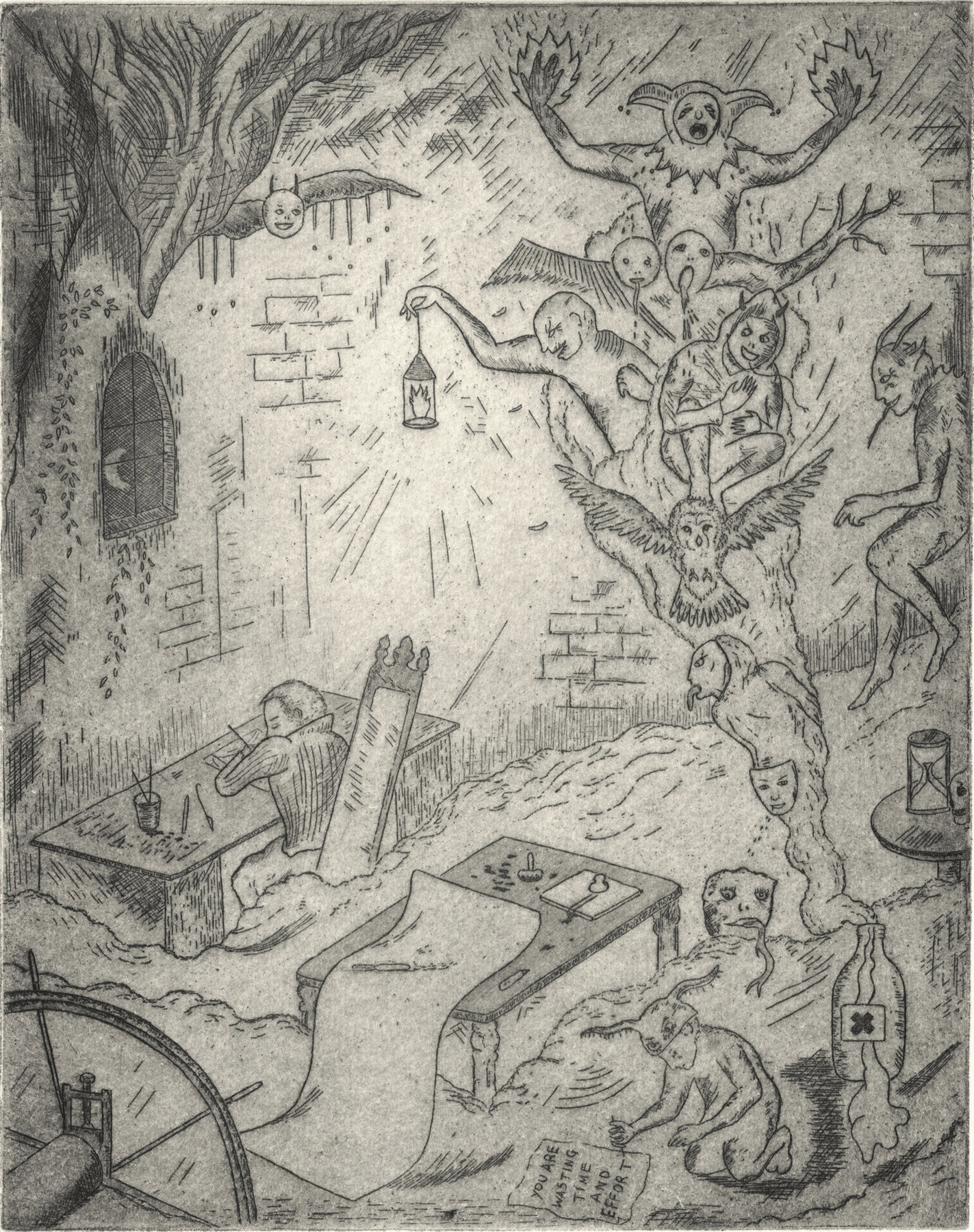 Oliver McConnie, Printhouse in Hell, etching, 20 x 16cm, 2013. Plate mark crop.