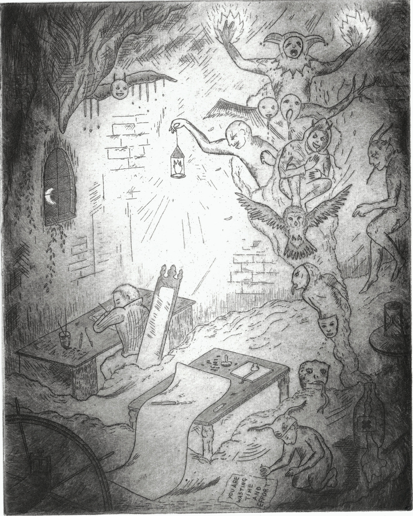 Oliver McConnie, Printhouse in Hell, etching, 20 x 16cm, 2013. Plate mark crop.