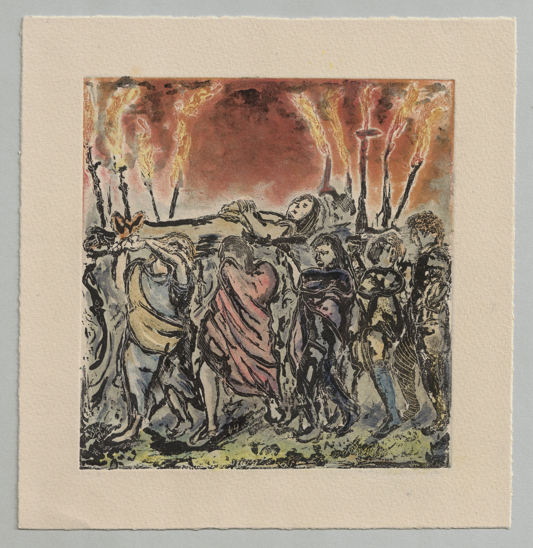 Oliver McConnie, Procession, relief etching, 17 x 16cm, 2014. Handed coloured impression. Full sheet.