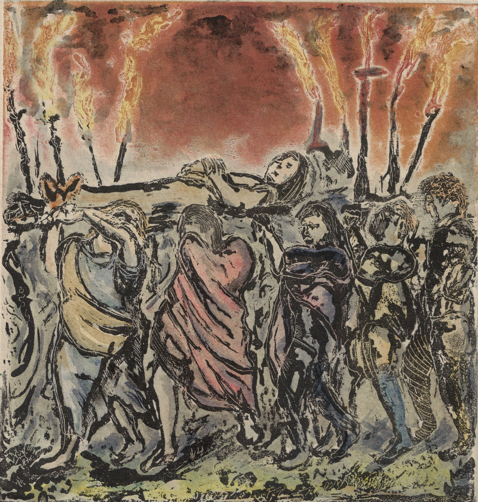 Oliver McConnie, Procession, relief etching, 17 x 16cm, 2014. Handed coloured impression. Plate mark crop.