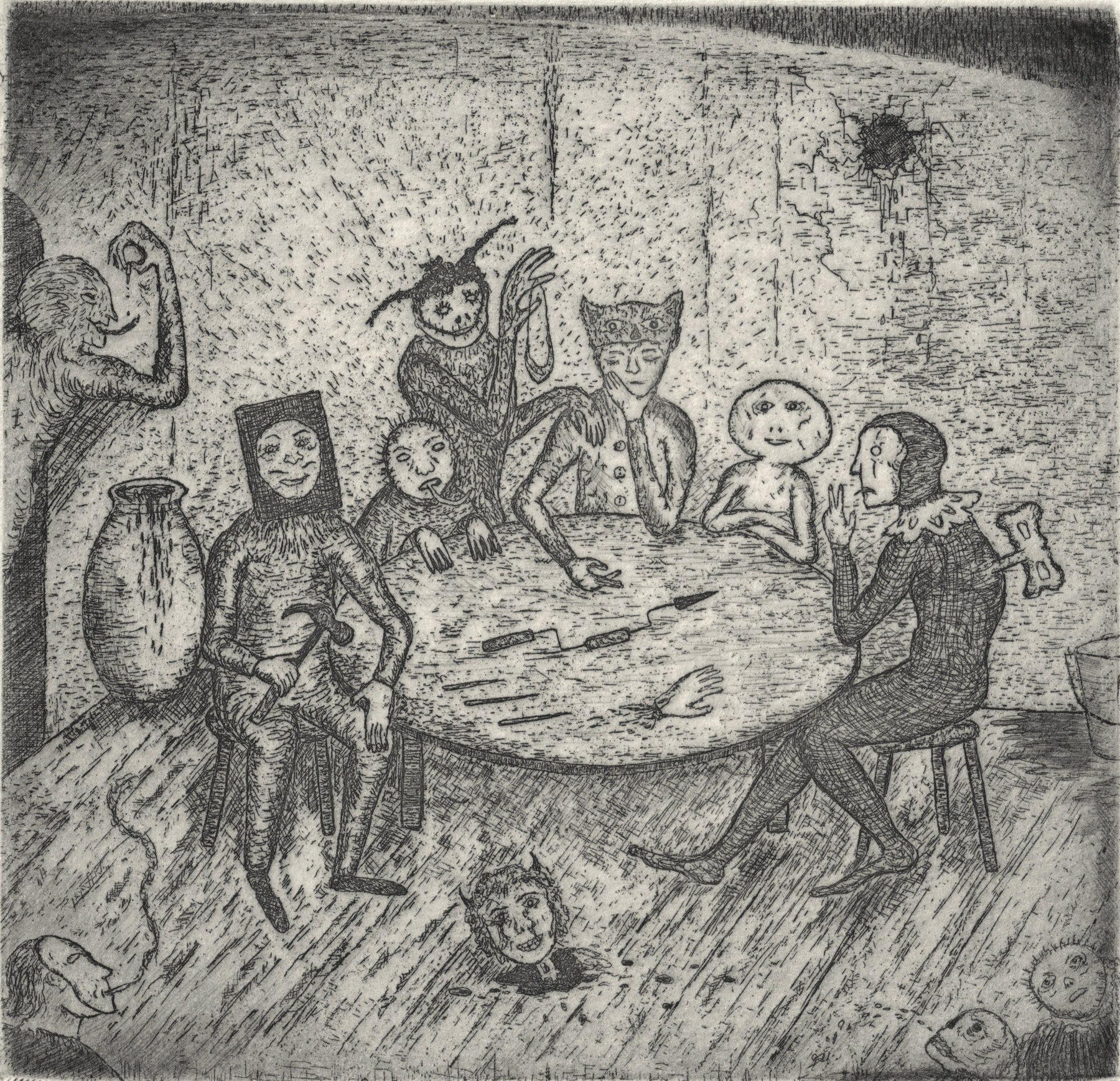 Oliver McConnie, Sideshow Blues, etching, 13 x 14cm, 2009. Plate mark crop.