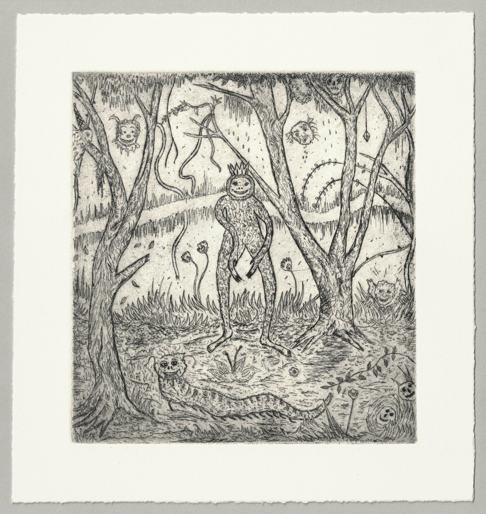 Oliver McConnie, Sloth King, etching, 17 x 15cm, 2008. Full sheet.