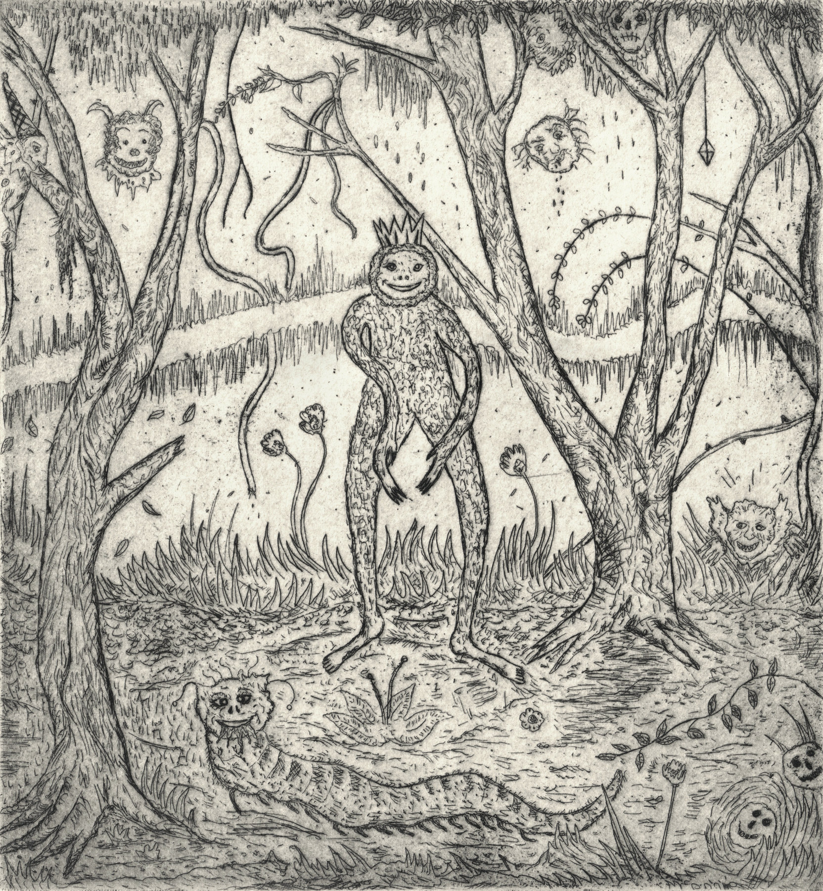 Oliver McConnie, Sloth King, etching, 17 x 15cm, 2008. Plate mark crop.