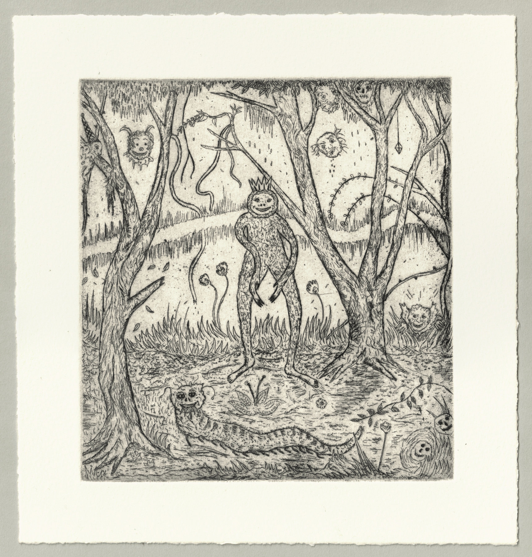 Oliver McConnie, Sloth King, etching, 17 x 15cm, 2008. Full sheet.