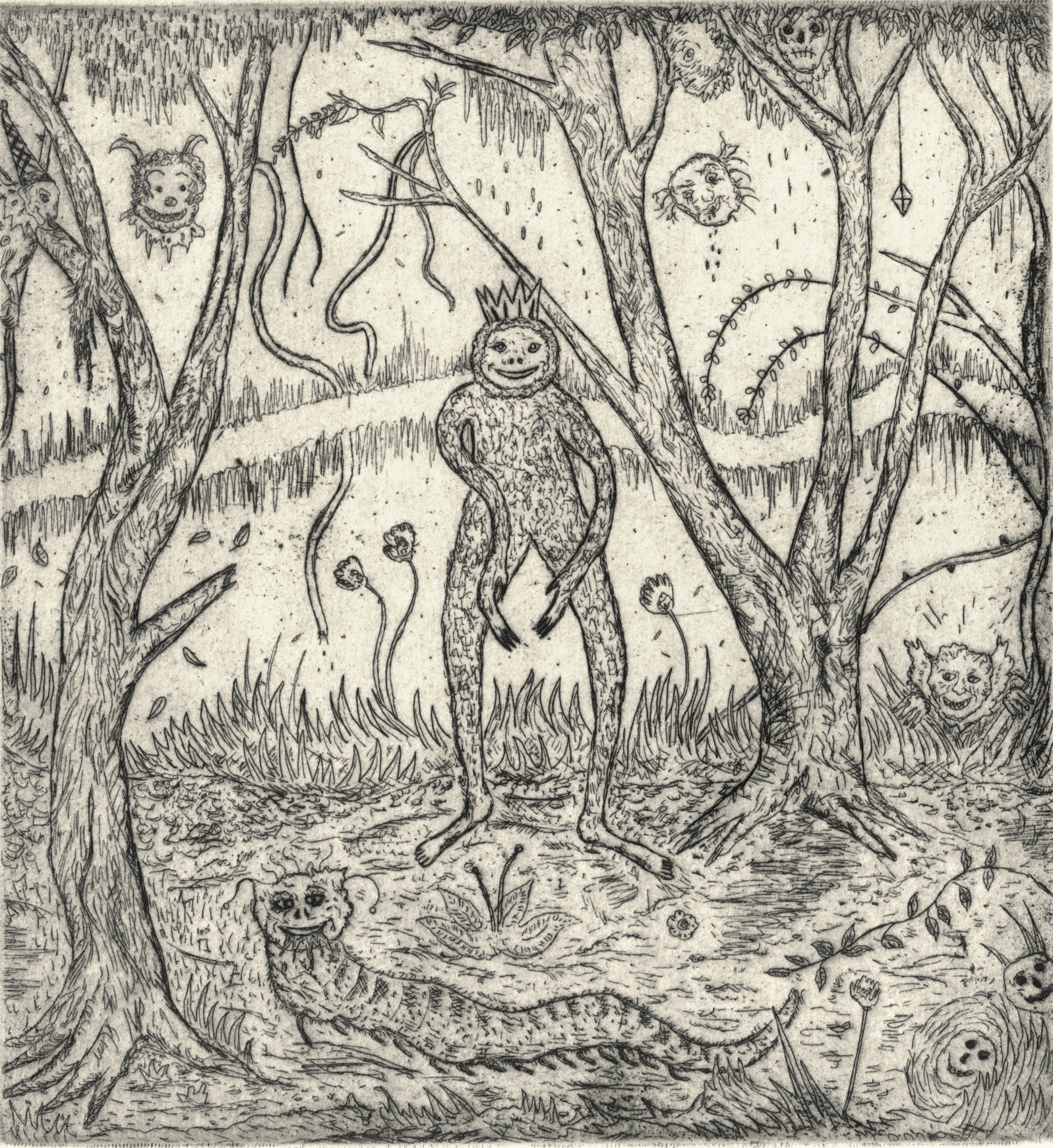 Oliver McConnie, Sloth King, etching, 17 x 15cm, 2008. Plate mark crop.