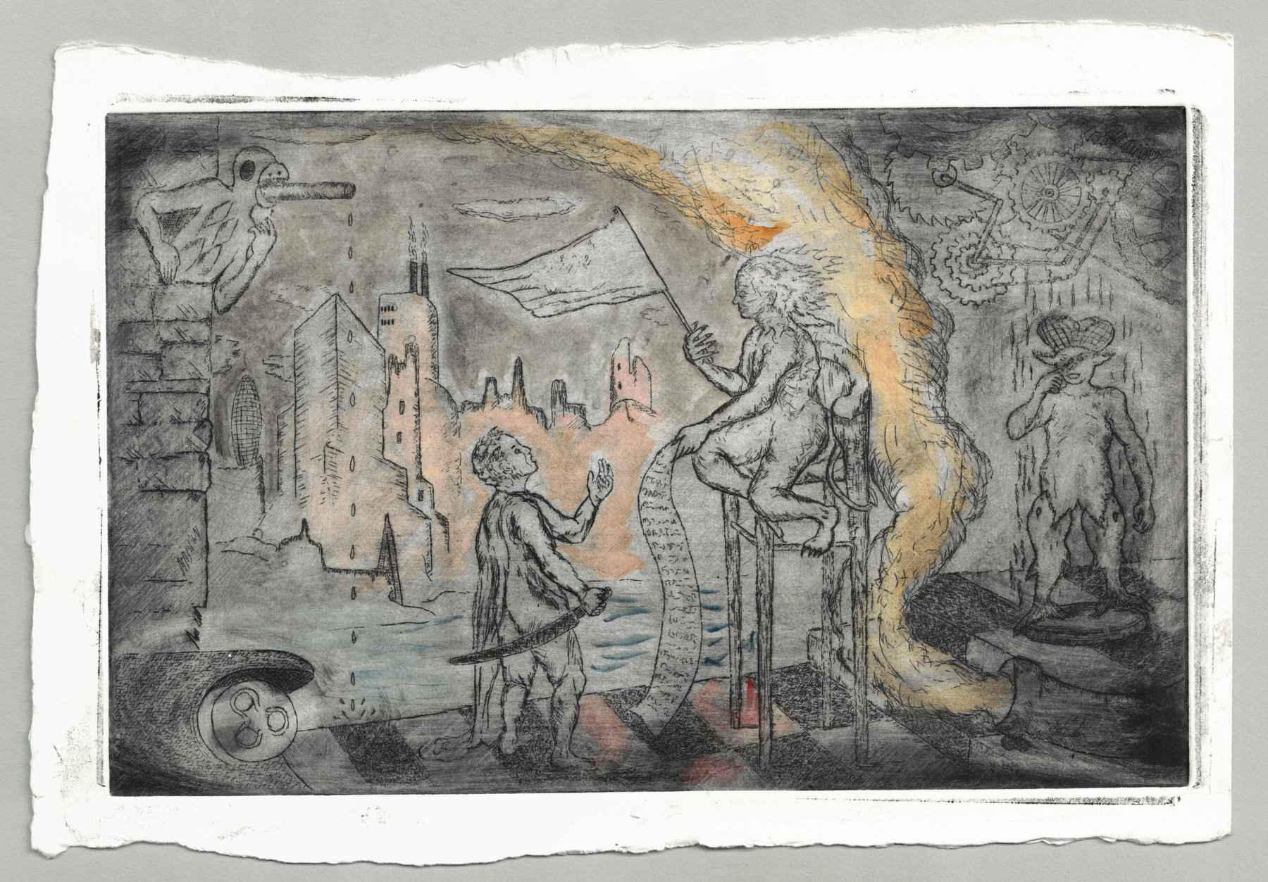 Oliver McConnie, Smokescreen, etching, 16 x 26cm, 2015. Full sheet.