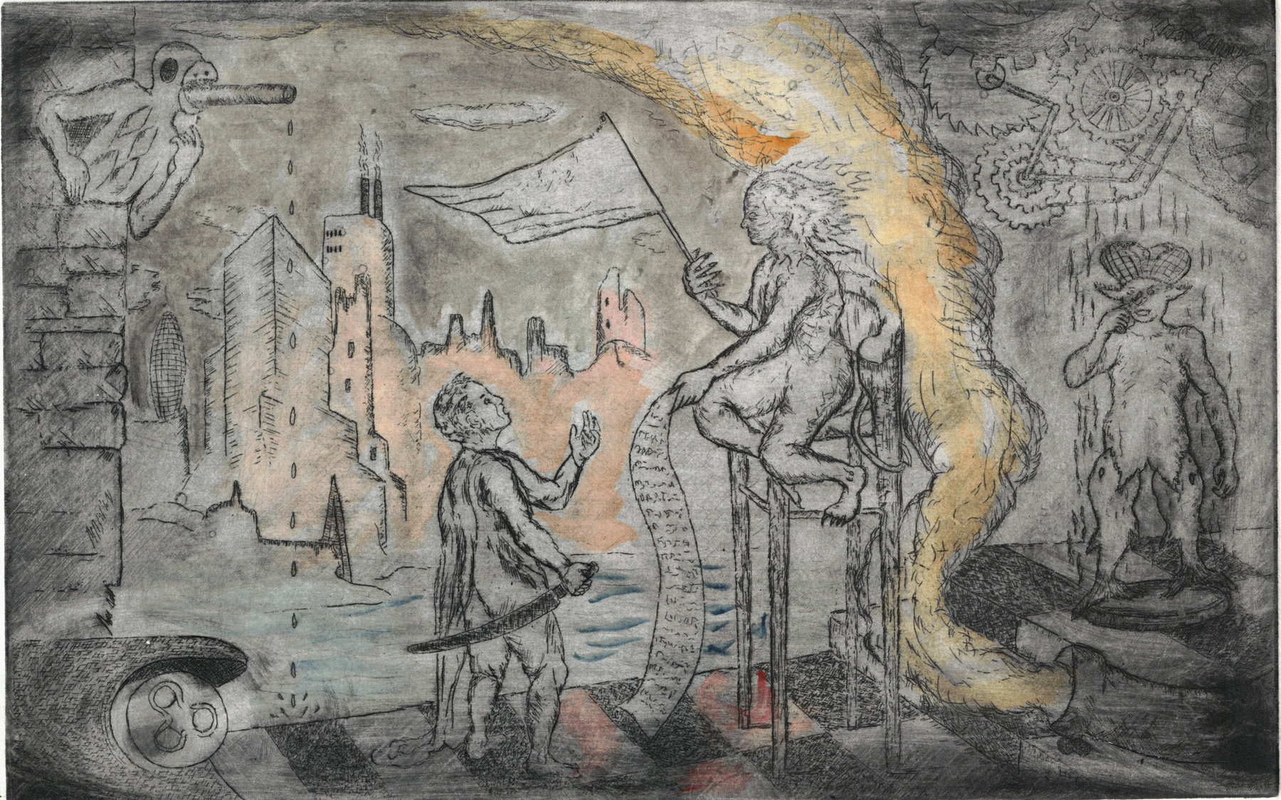 Oliver McConnie, Smokescreen, etching, 16 x 26cm, 2015. Plate mark crop.