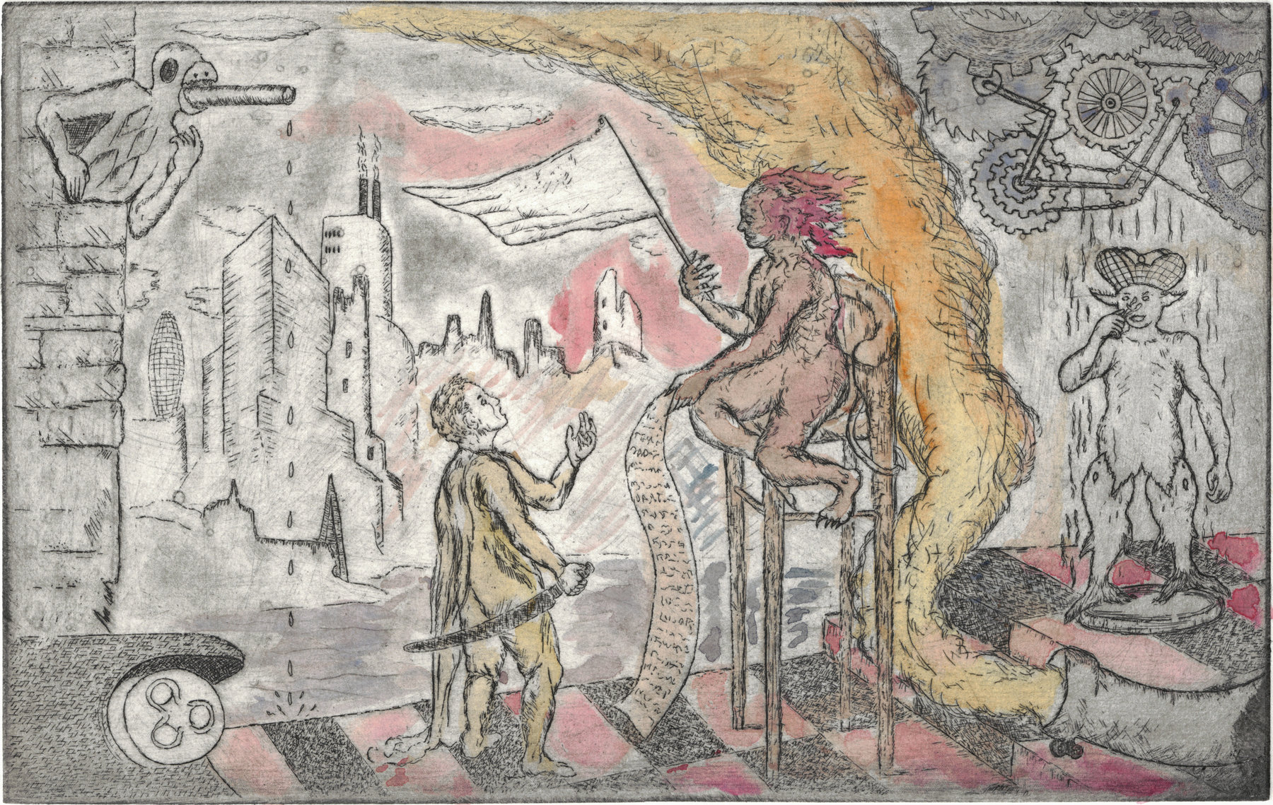 Oliver McConnie, Smokescreen, etching, 16 x 26cm, 2015. Plate mark crop.