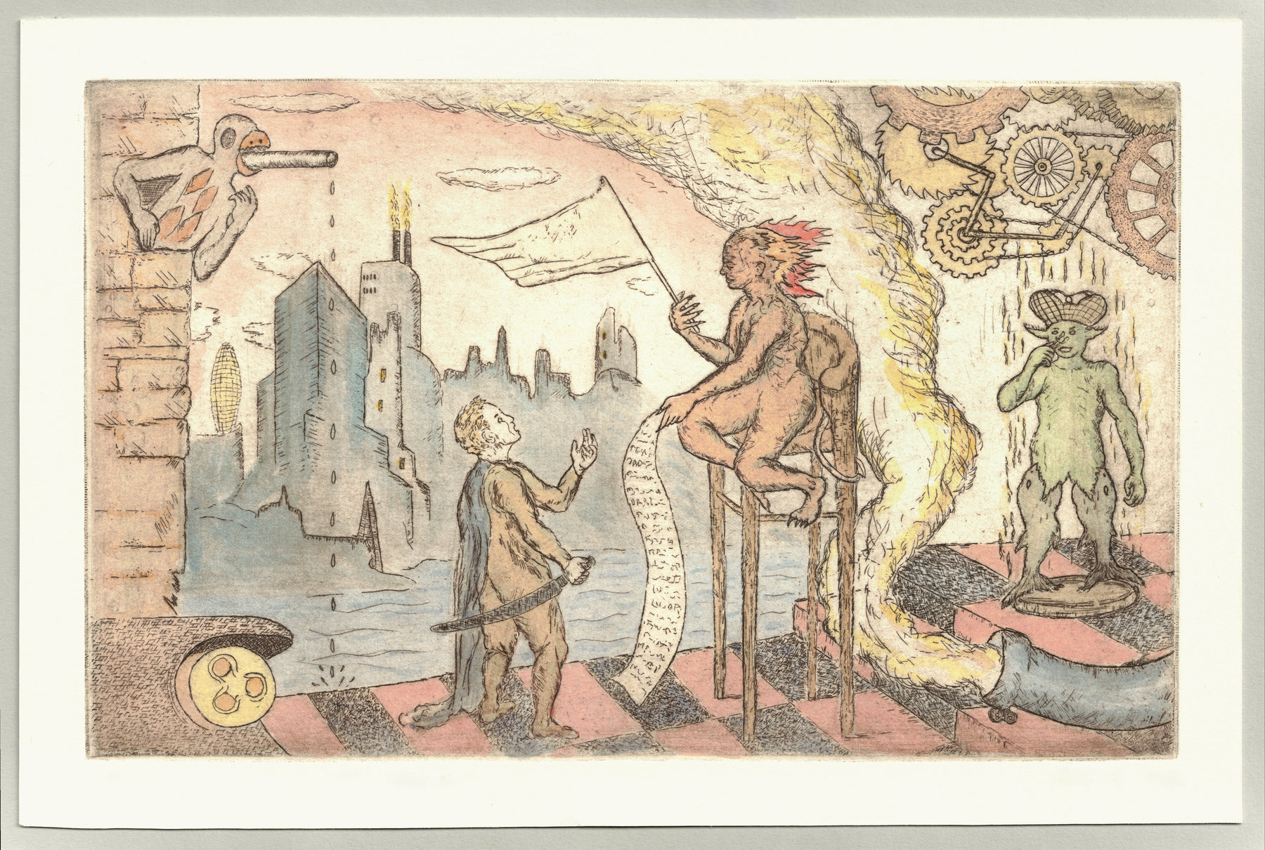 Oliver McConnie, Smokescreen, etching, 16 x 26cm, 2015. Full sheet.