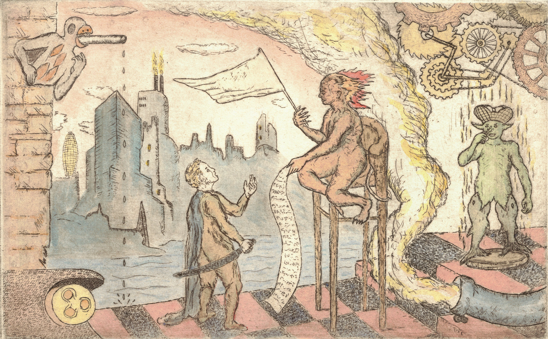 Oliver McConnie, Smokescreen, etching, 16 x 26cm, 2015. Plate mark crop.