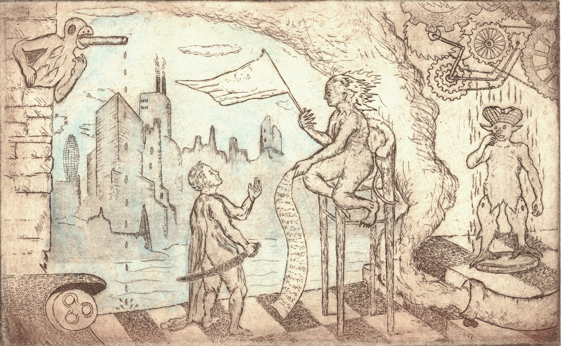 Oliver McConnie, Smokescreen, etching, 16 x 26cm, 2015. Plate mark crop.