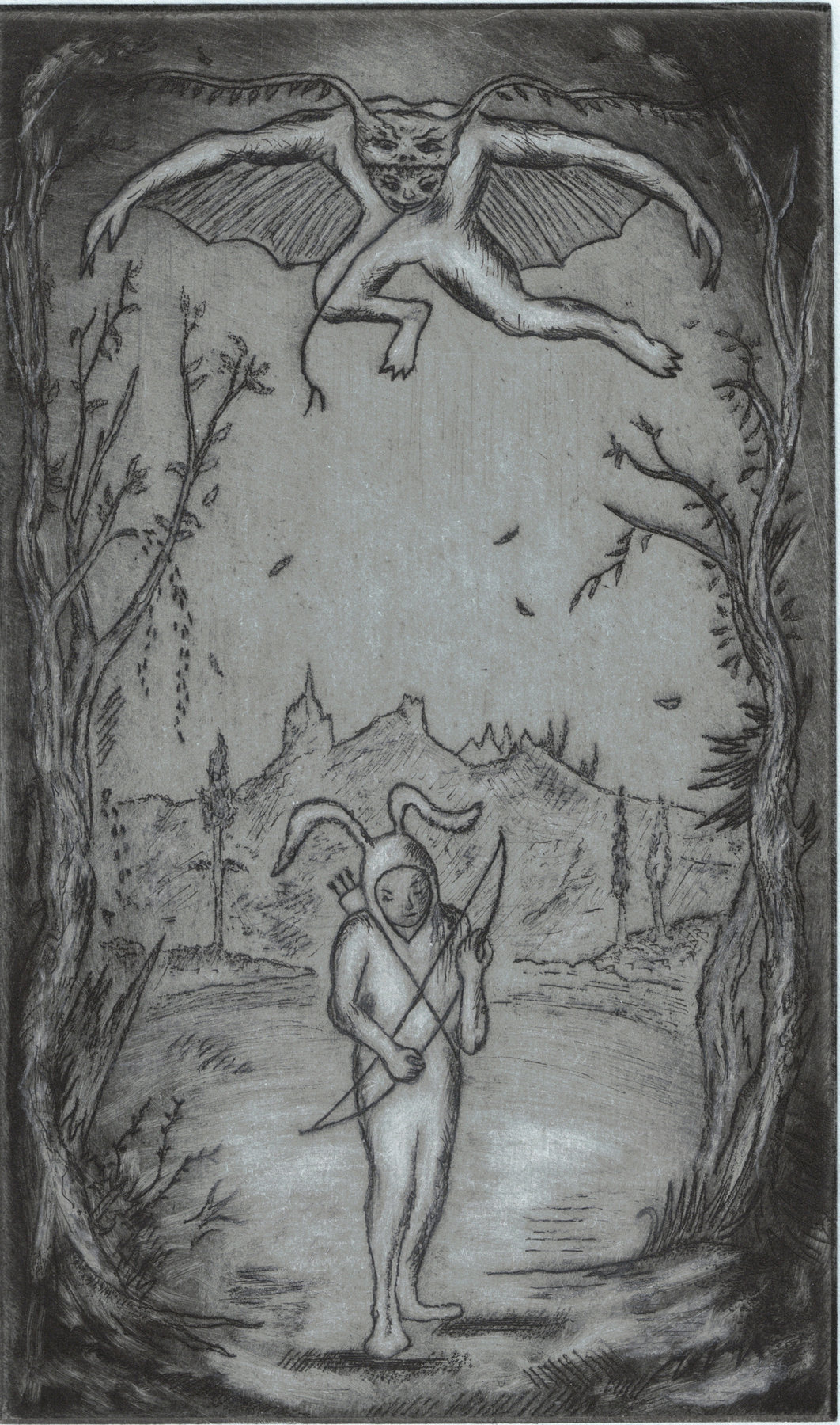 Oliver McConnie, Specta Specta, etching, 20 x 12cm, 2013. Plate mark crop.