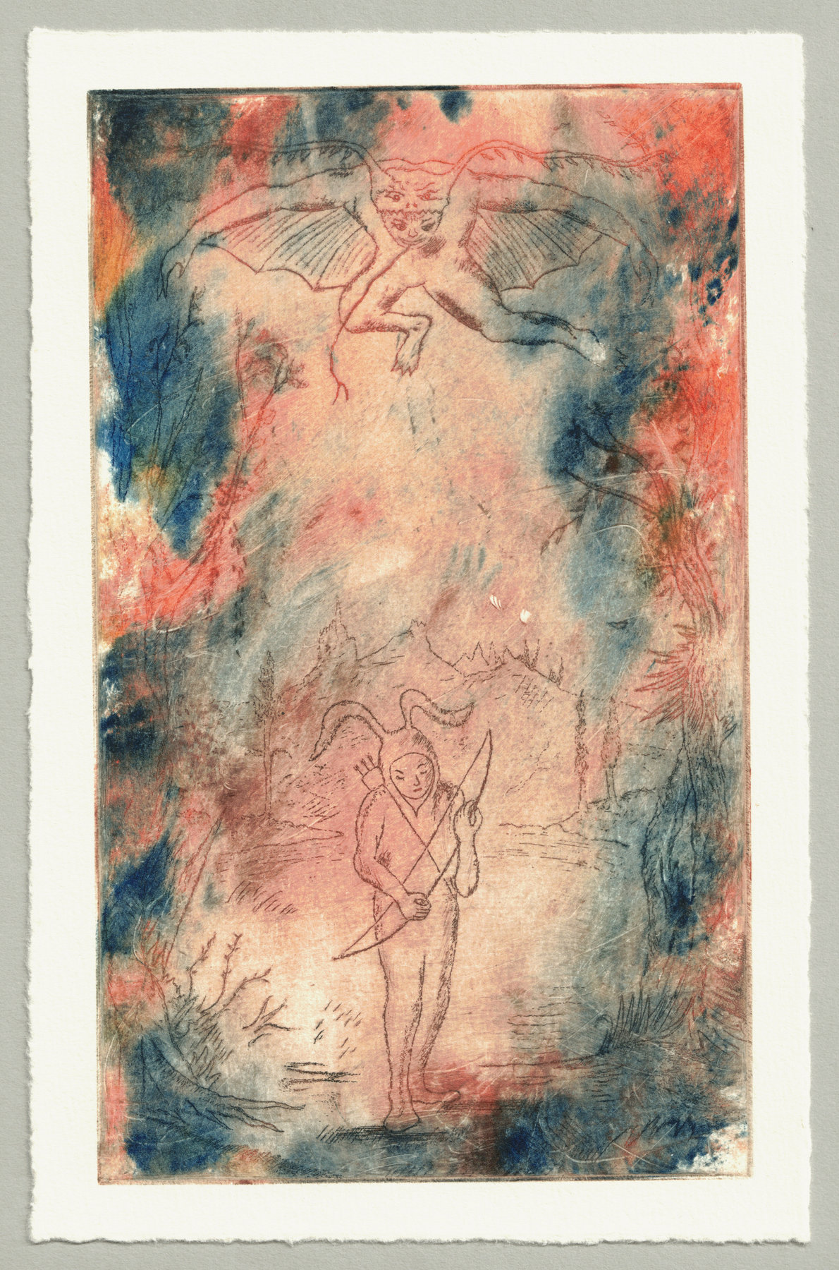 Oliver McConnie, Specta Specta, etching, 20 x 12cm, 2013. Colour proof  2023. Full sheet.