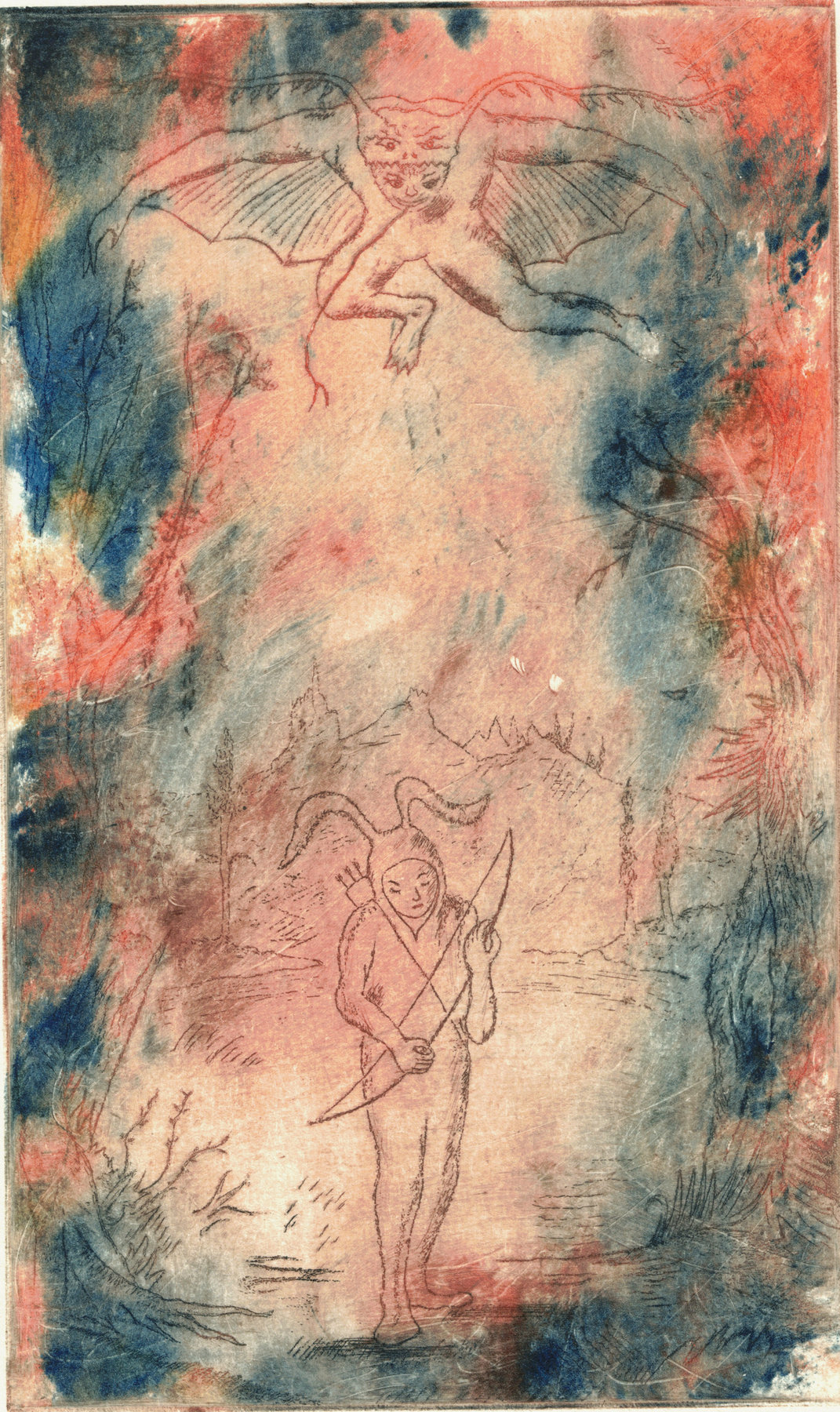 Oliver McConnie, Specta Specta, etching, 20 x 12cm, 2013. Colour proof  2023. Plate mark crop.