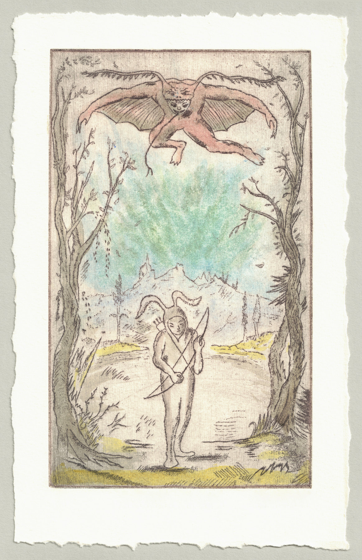 Oliver McConnie, Specta Specta, etching, 20 x 12cm, 2013. Hand-coloured impression. Full sheet.