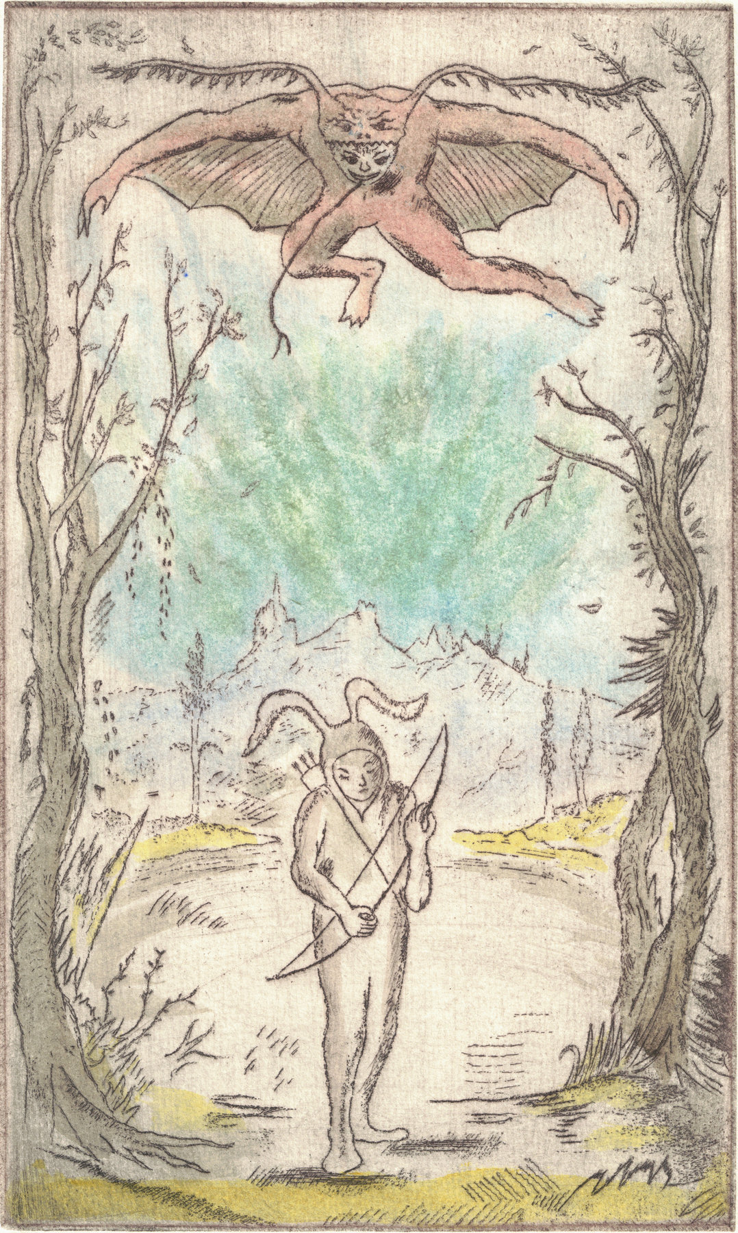 Oliver McConnie, Specta Specta, etching, 20 x 12cm, 2013. Hand-coloured impression. Plate mark crop.