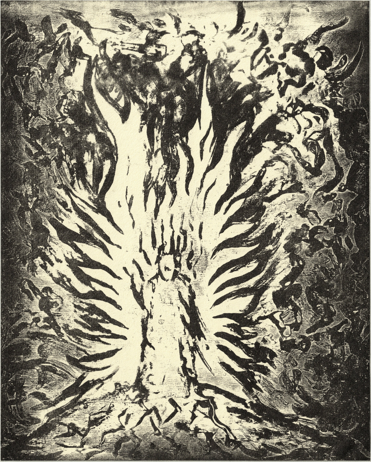 Oliver McConnie, The Fall of Satan, relief etching, 25 x 20cm, 2022. Plate mark crop.