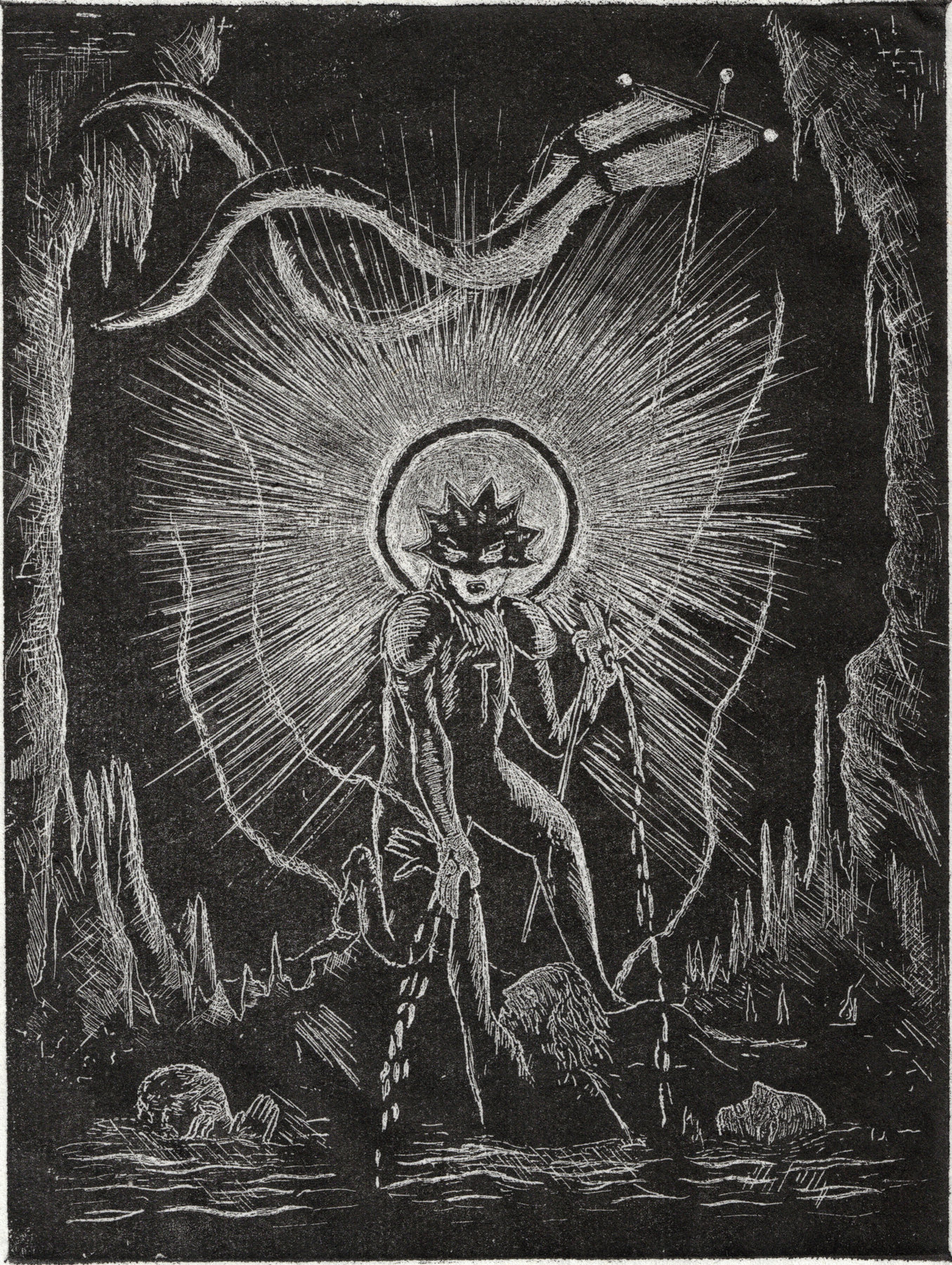 Oliver McConnie, The Harrowing of Hell, White line etching, 16 x 12cm, 2013. Plate mark crop.