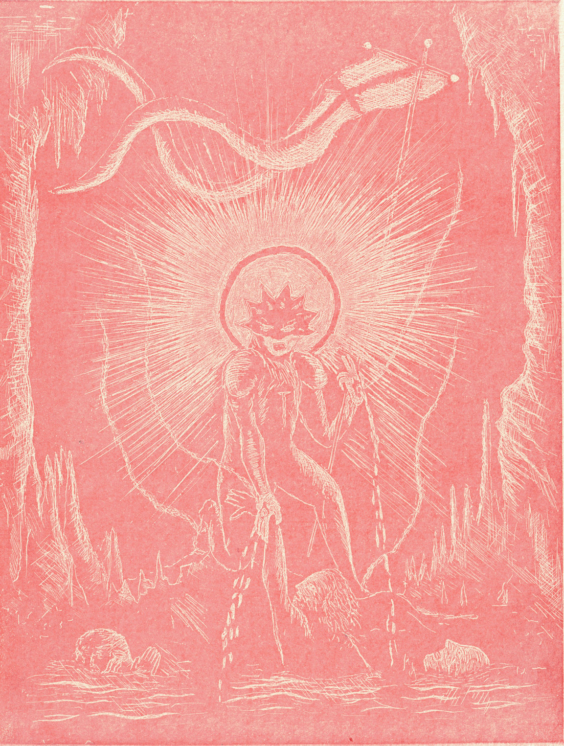 Oliver McConnie, The Harrowing of Hell, White line etching, 16 x 12cm, 2013. Plate mark crop.