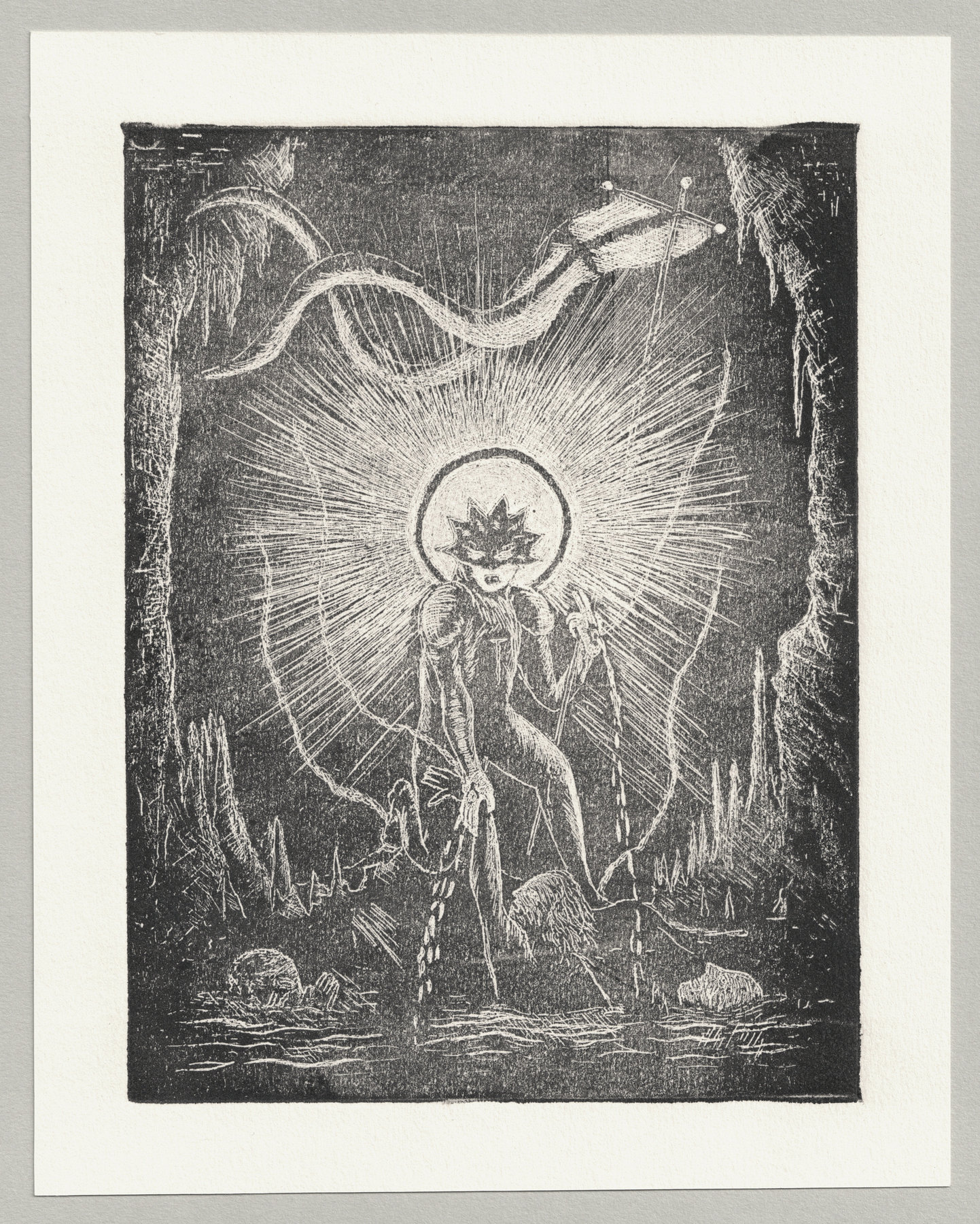 Oliver McConnie, The Harrowing of Hell, white line etching, 16 x 12cm, 2013. Full sheet.