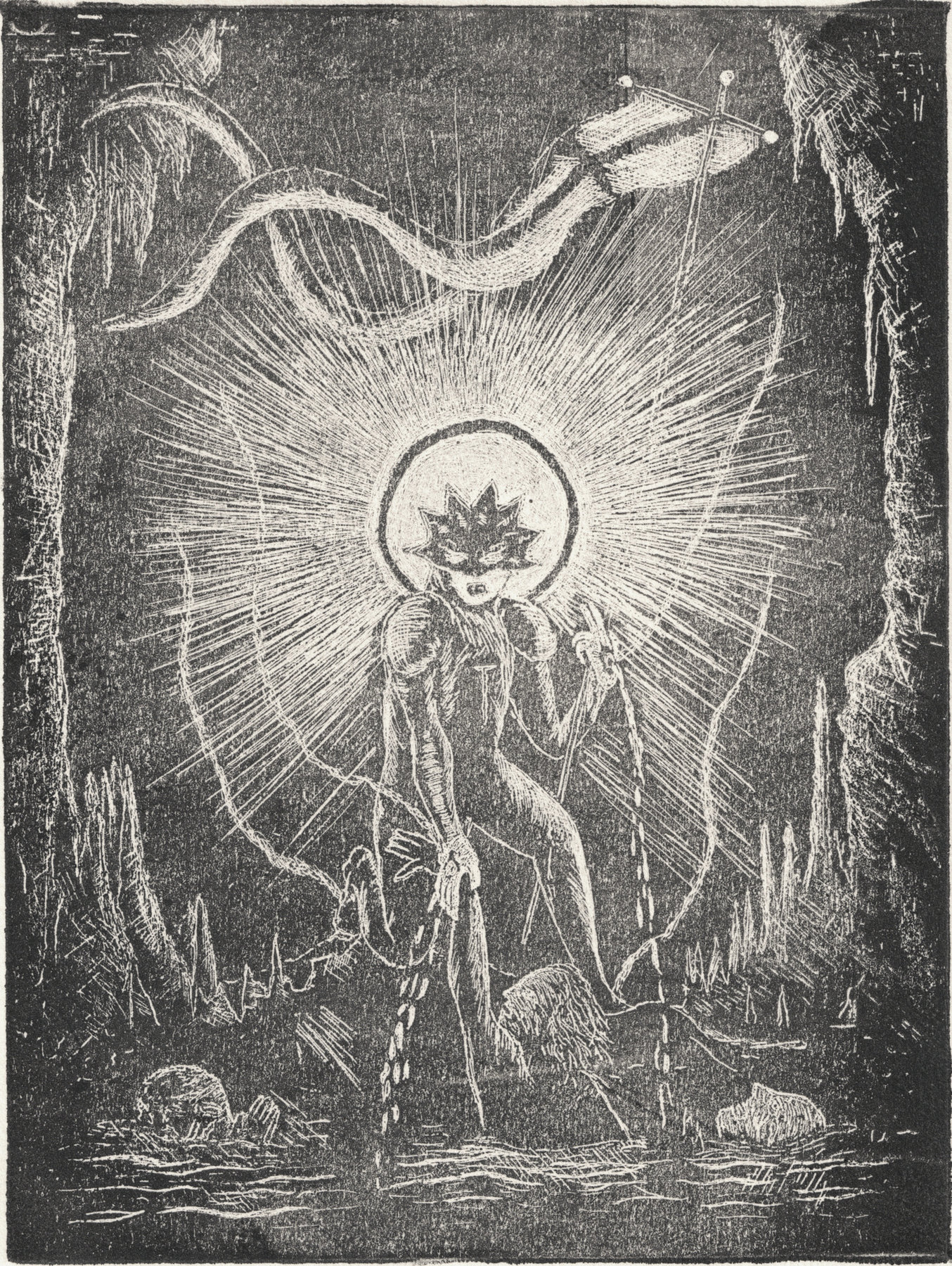 Oliver McConnie, The Harrowing of Hell, white line etching, 16 x 12cm, 2013. Plate mark crop.