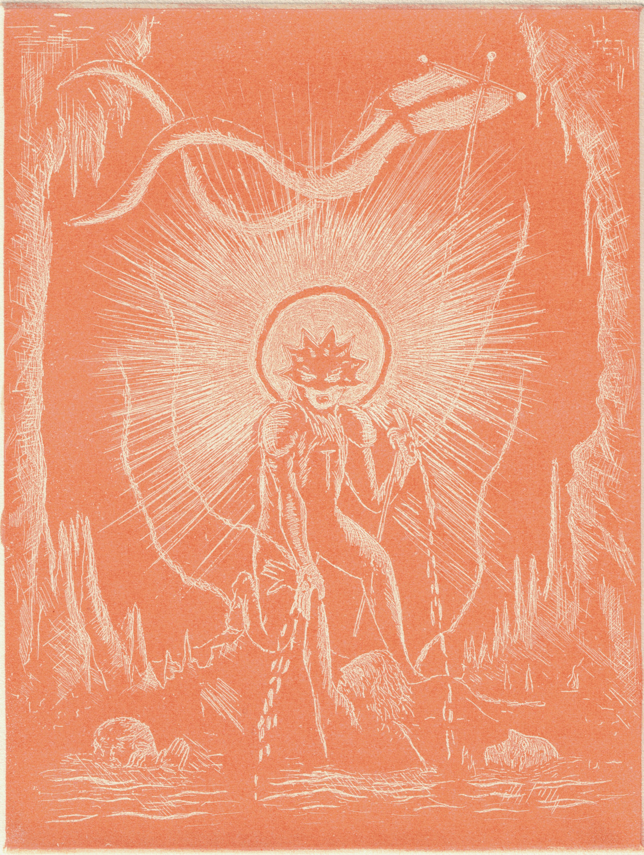 Oliver McConnie, The Harrowing of Hell, white line etching, 16 x 12cm, 2013. Plate mark crop.