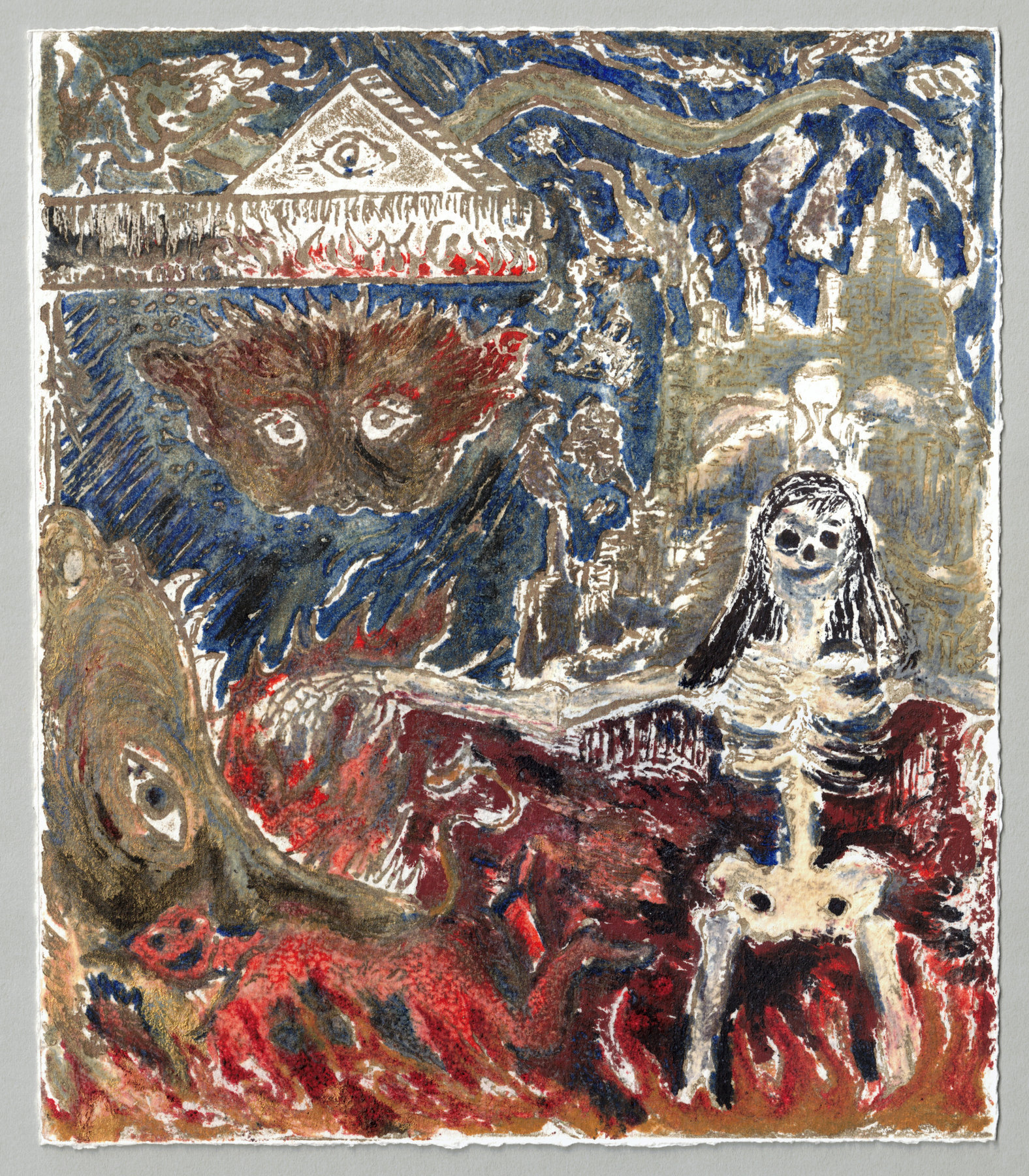 Oliver McConnie, The Pits of Hell, relief etching, 23 x 20cm, 2017. Full sheet.