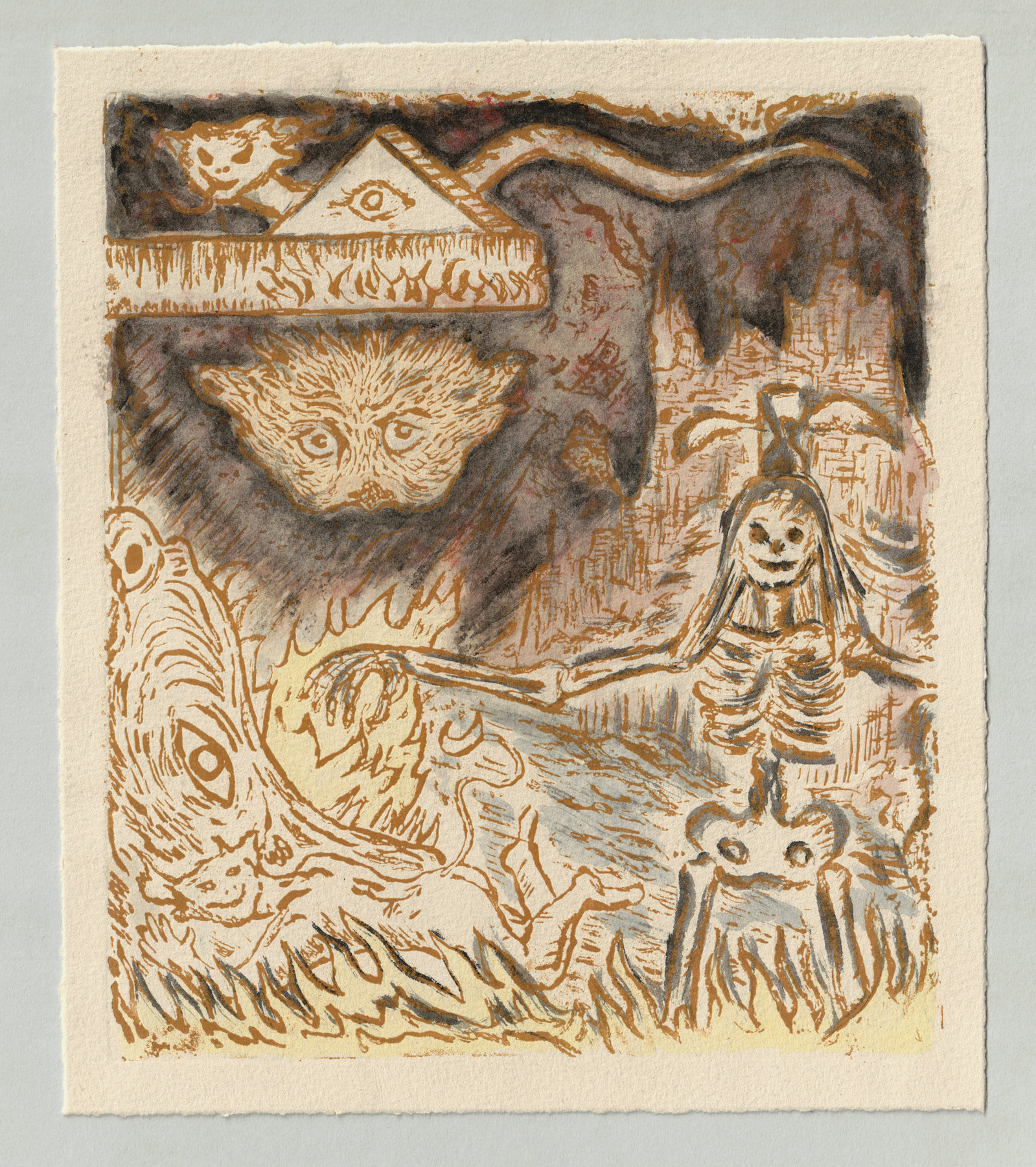 Oliver McConnie, The Pits of Hell, relief etching, 23 x 20cm, 2017. Full sheet.