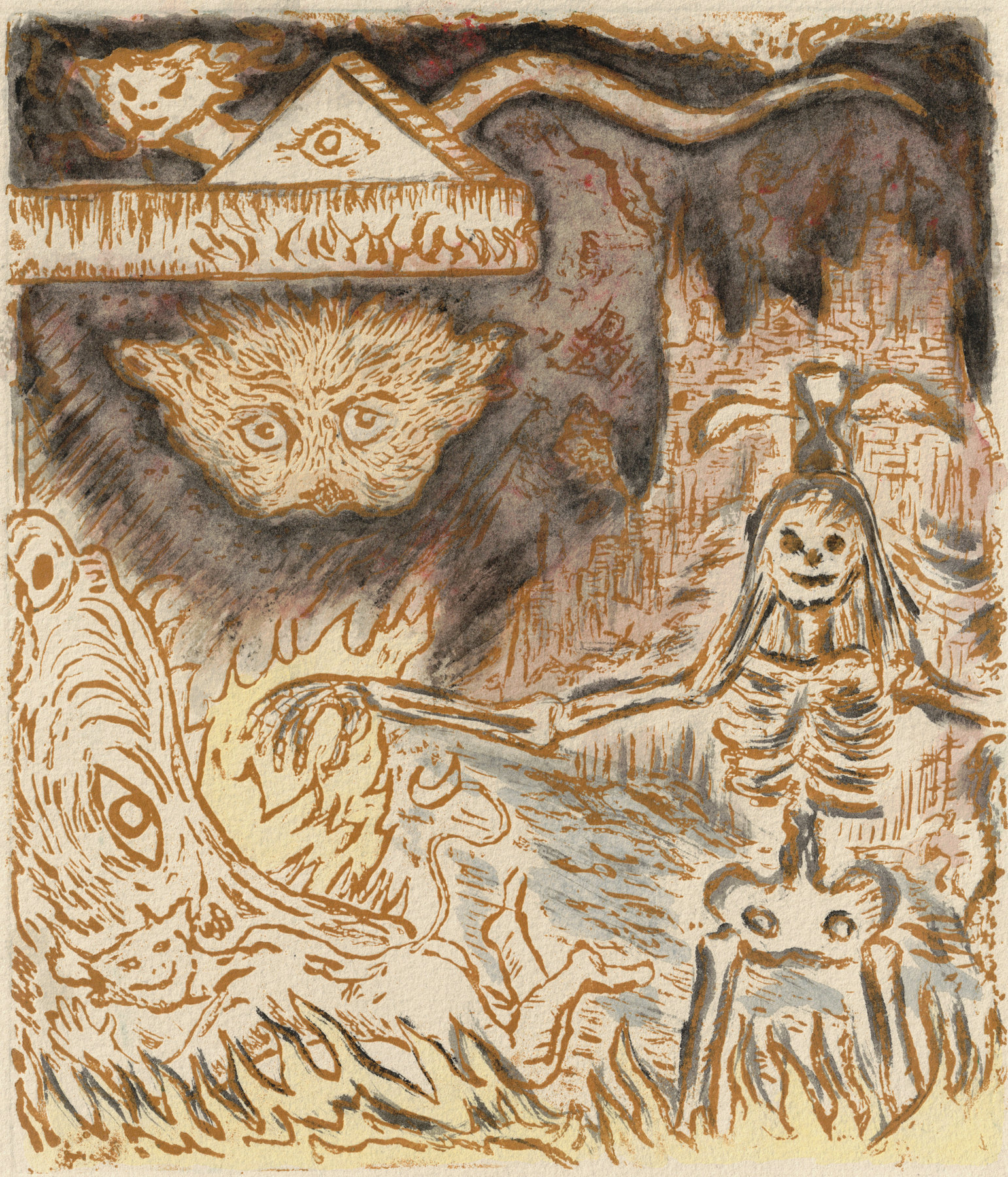 Oliver McConnie, The Pits of Hell, relief etching, 23 x 20cm, 2017. Plate mark crop.