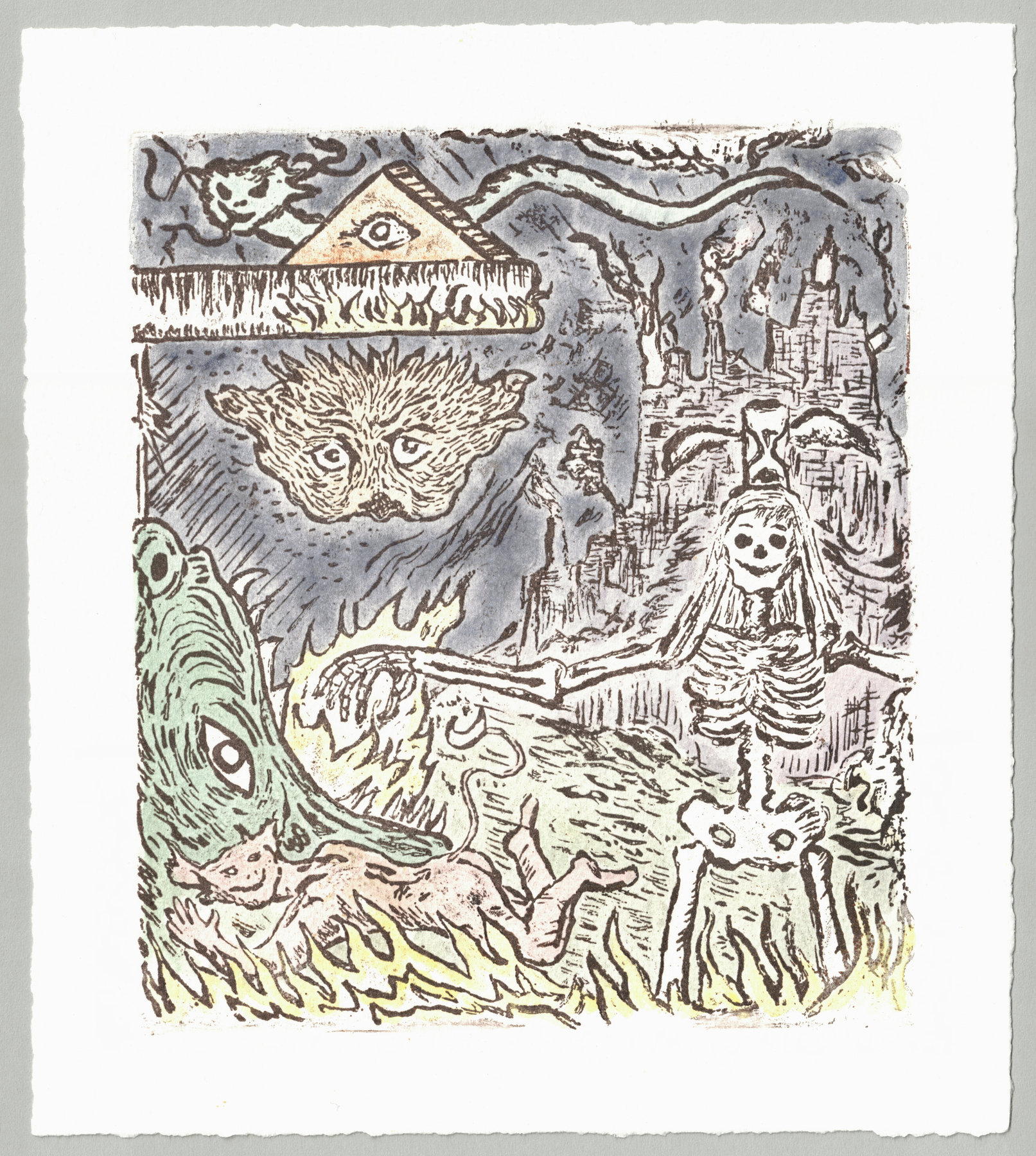 Oliver McConnie, The Pits of Hell, relief etching, 23 x 20cm, 2017. Full sheet.