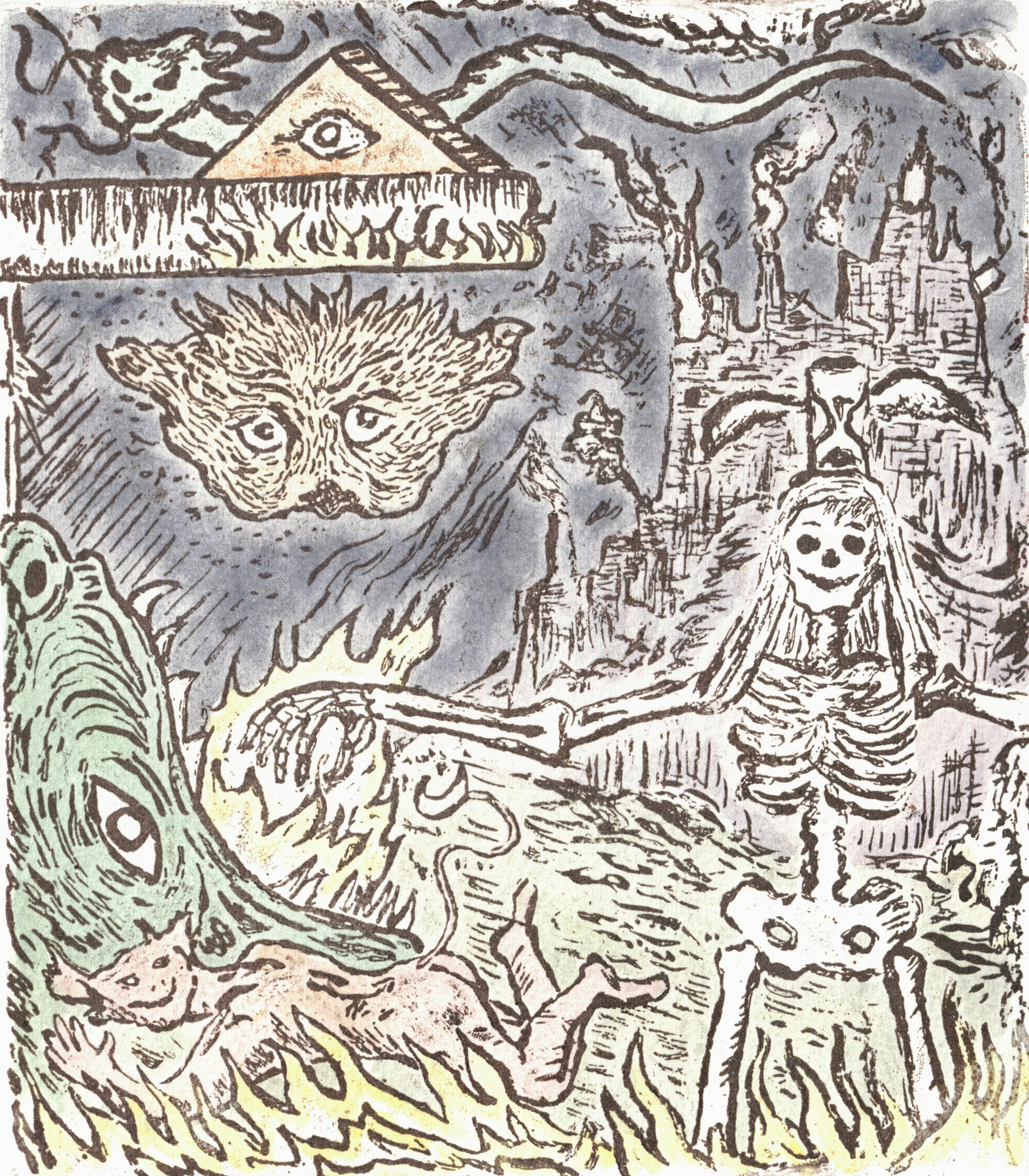 Oliver McConnie, The Pits of Hell, relief etching, 23 x 20cm, 2017. Plate mark crop.