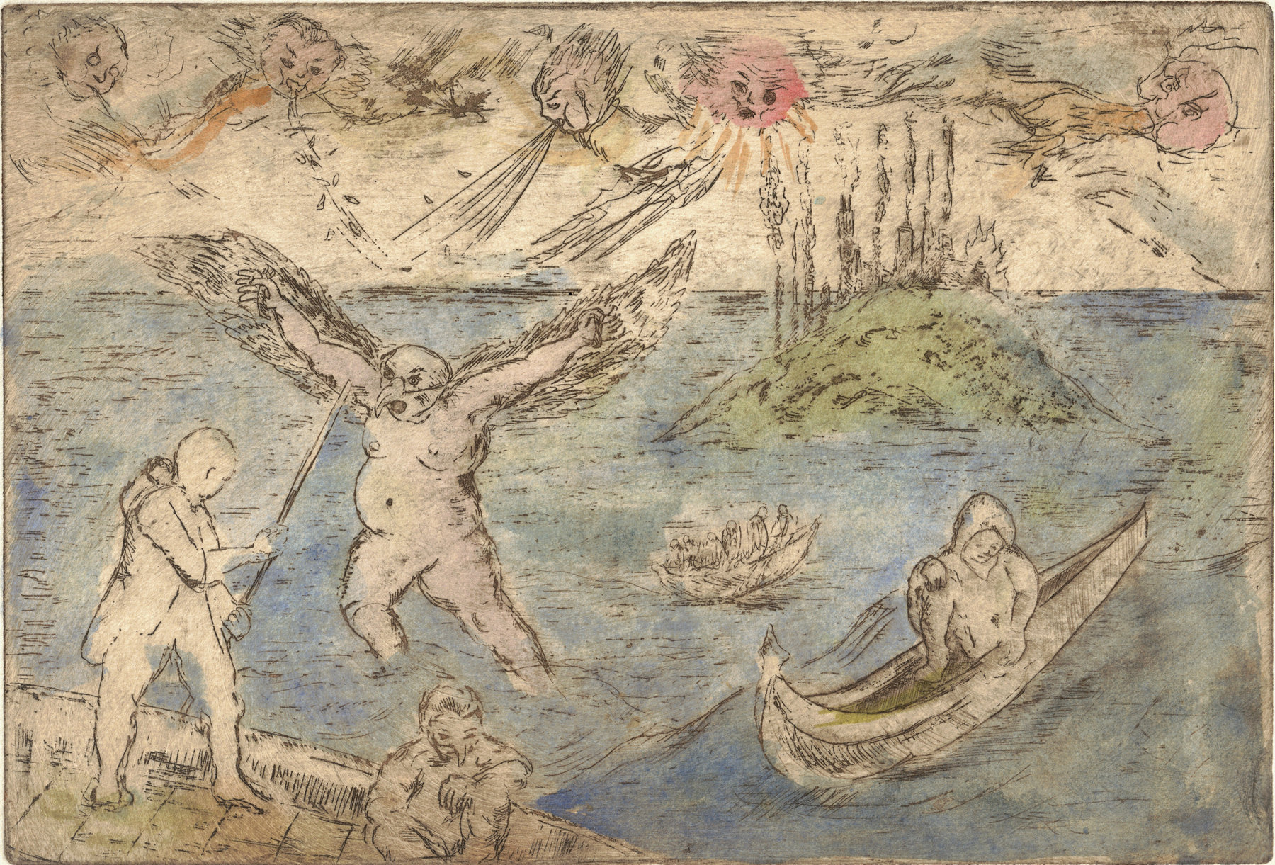 Oliver McConnie, Underwater World, etching, 16 x 24cm, 2015. Hand-coloured impression. Plate mark crop.