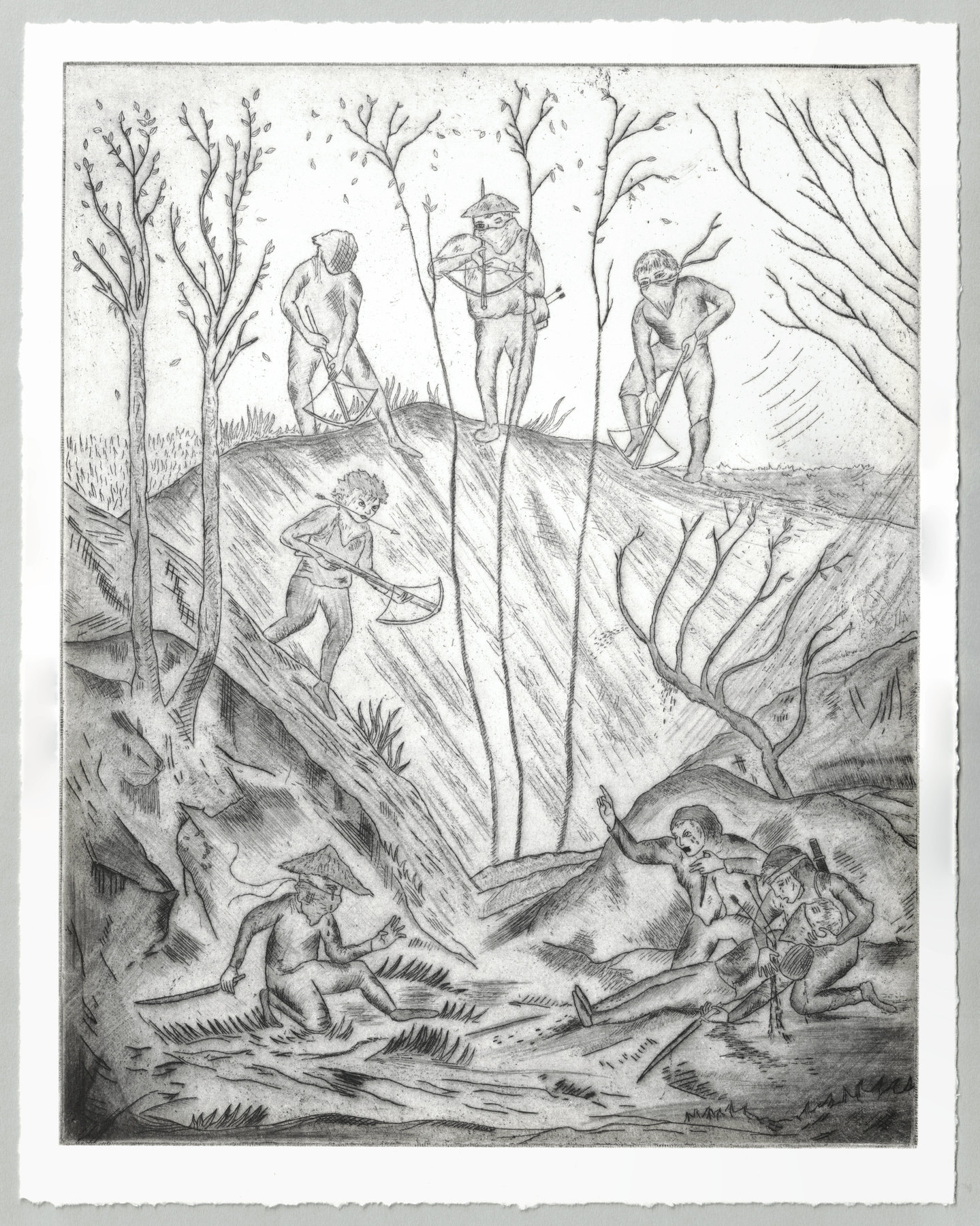 Oliver McConnie, Up in Arms, etching with dry point, 30 x 24cm, 2011. Full sheet.