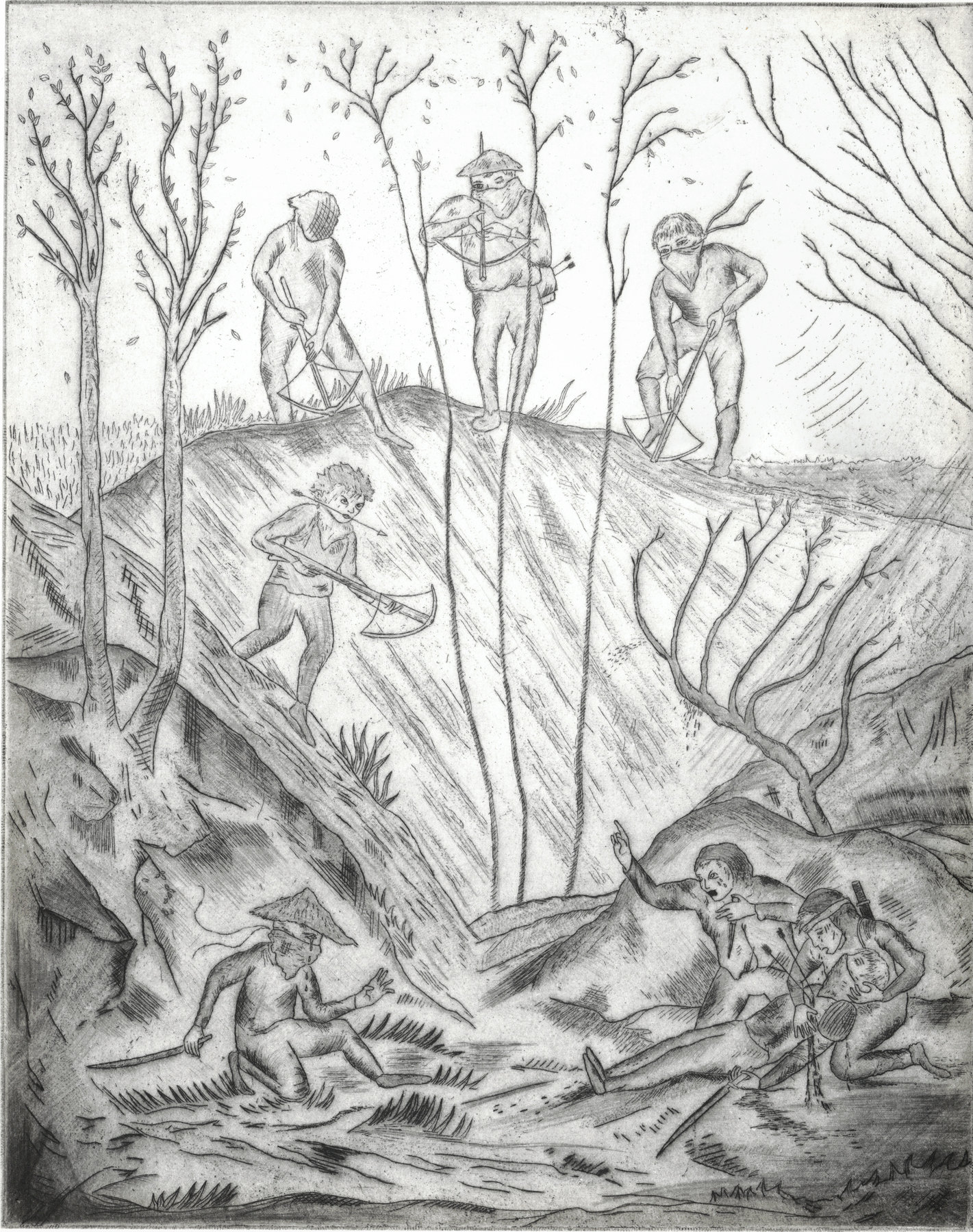 Oliver McConnie, Up in Arms, etching with dry point, 30 x 24cm, 2011. Plate mark crop.