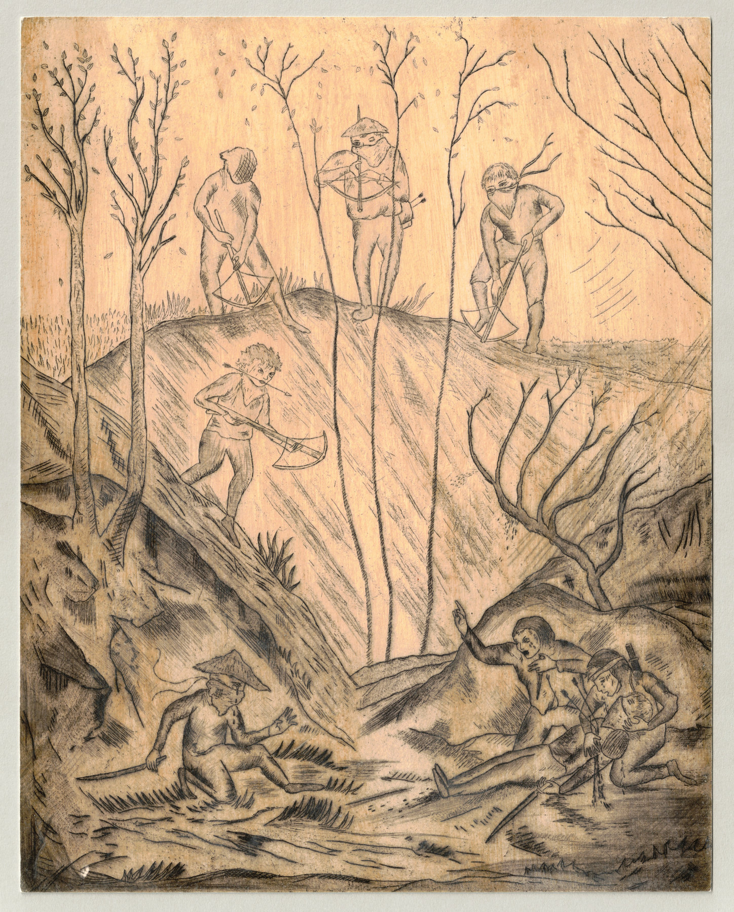 Oliver McConnie, Up in Arms, etching with dry point, 30 x 24cm, 2011. Full sheet.