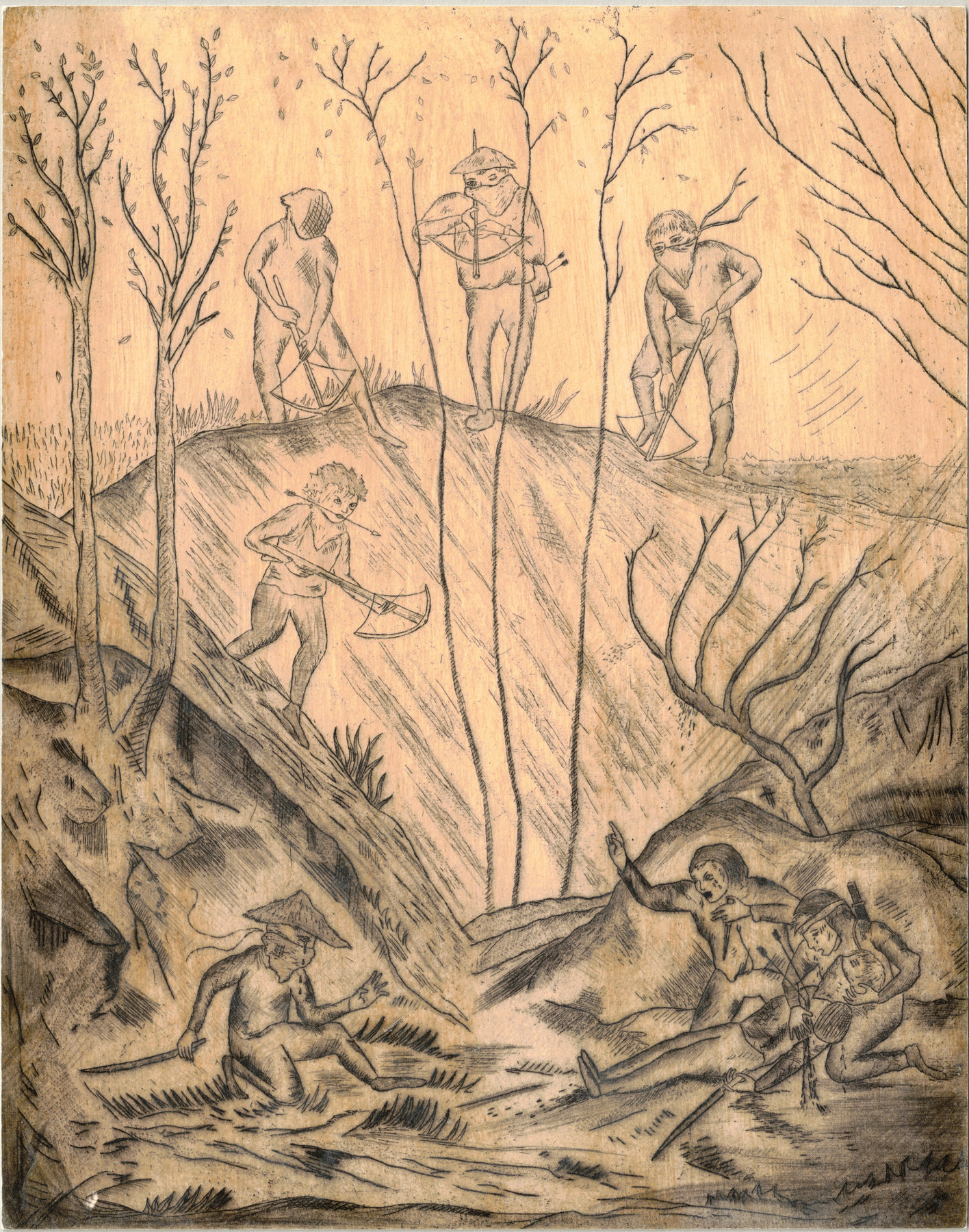 Oliver McConnie, Up in Arms, etching with dry point, 30 x 24cm, 2011. Plate mark crop.